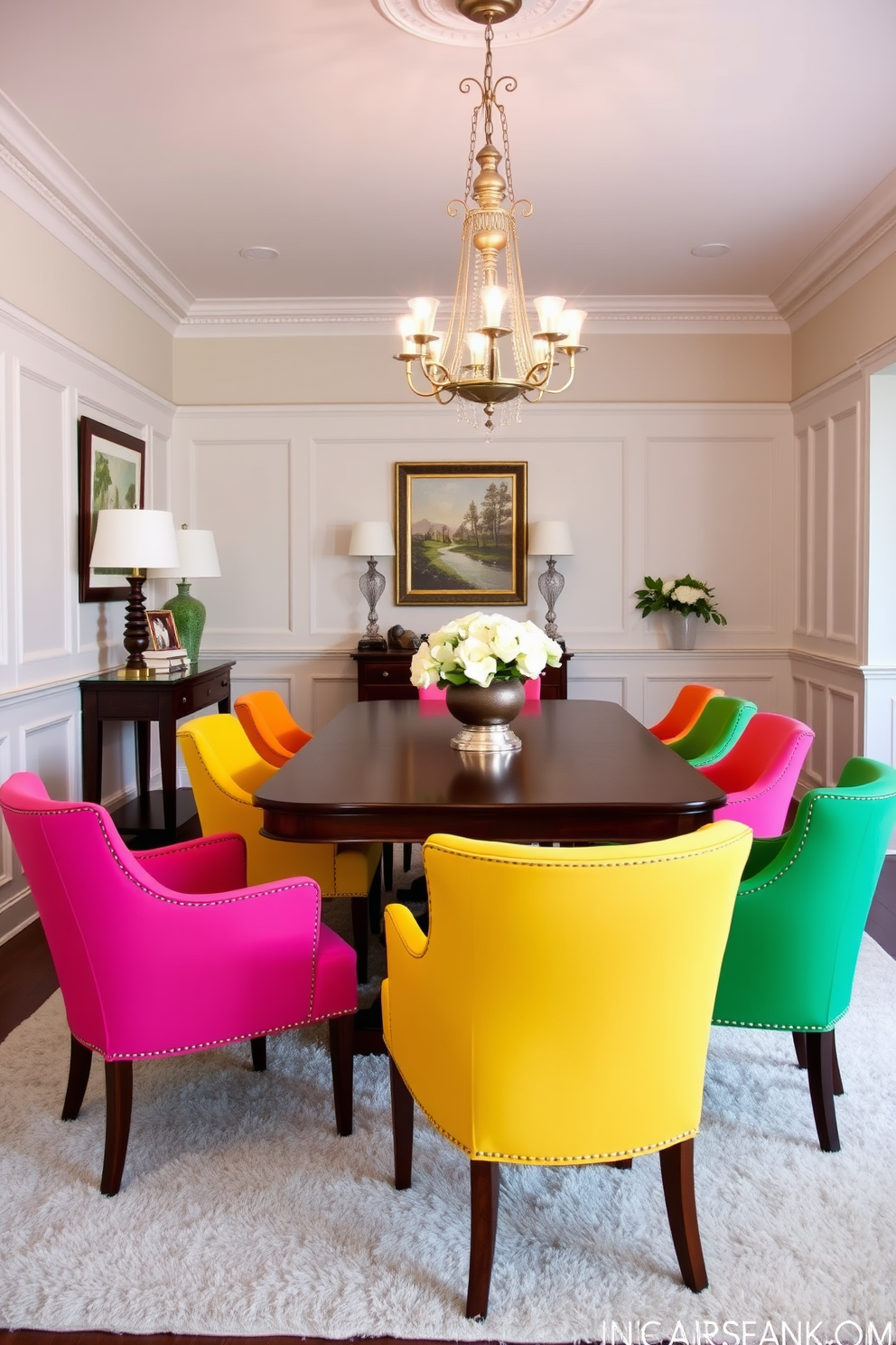 Colorful accent chairs in vibrant hues are arranged around a classic wooden dining table, adding a playful touch to the elegant setting. The room features wainscoting on the walls, with a soft neutral paint color that complements the chairs and enhances the overall warmth of the space. A stunning chandelier hangs above the table, casting a warm glow and creating a focal point in the room. The dining area is adorned with tasteful artwork and a plush area rug that ties the design together, making it inviting for family gatherings and entertaining guests.