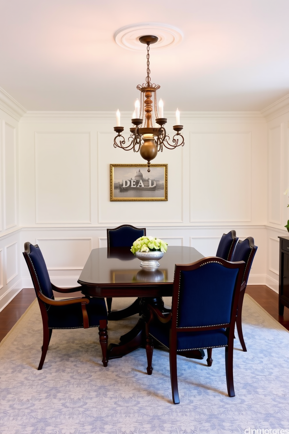 Classic wainscoting adorns the walls, painted in a soft cream color that complements the rich mahogany dining table at the center. Surrounding the table are upholstered chairs in a deep navy fabric, adding a touch of elegance to the space. A stunning chandelier hangs from the ceiling, casting a warm glow over the room and highlighting the intricate details of the wainscoting. The room is finished with a plush area rug that anchors the dining set, featuring subtle patterns that enhance the traditional aesthetic.