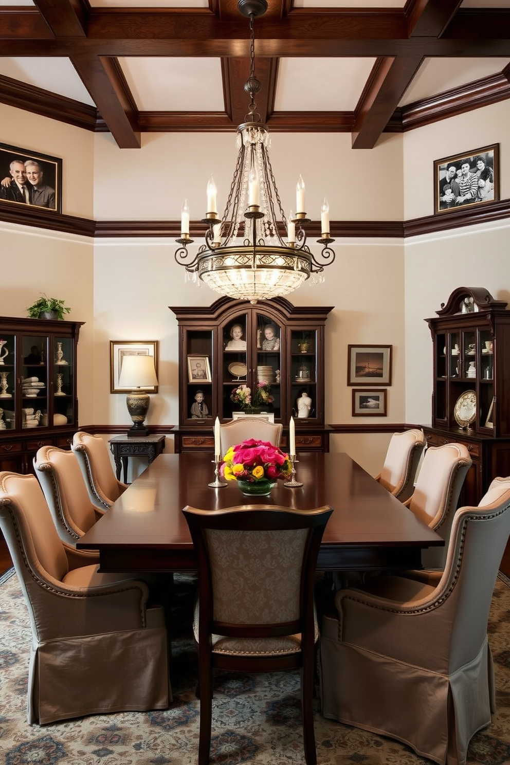 Create a traditional dining room that showcases personalized artwork reflecting family history. The room features a large wooden dining table surrounded by upholstered chairs, with a stunning chandelier hanging above. On the walls, display framed family photos and heirloom pieces that tell your family's story. The color palette includes warm tones, with rich wood accents and soft textiles to create an inviting atmosphere.