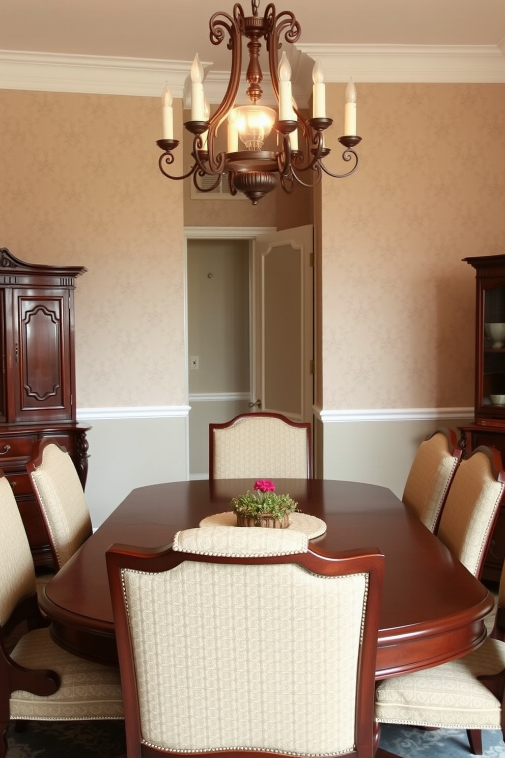 Layered textures create a warm and inviting atmosphere in a traditional dining room. Rich silk drapes frame the windows, while linen table linens add a touch of elegance to the dining table. The dining table is made of dark wood, surrounded by upholstered chairs that feature a mix of patterns and textures. A beautiful chandelier hangs above the table, casting a soft glow on the intricate china displayed in a nearby cabinet.