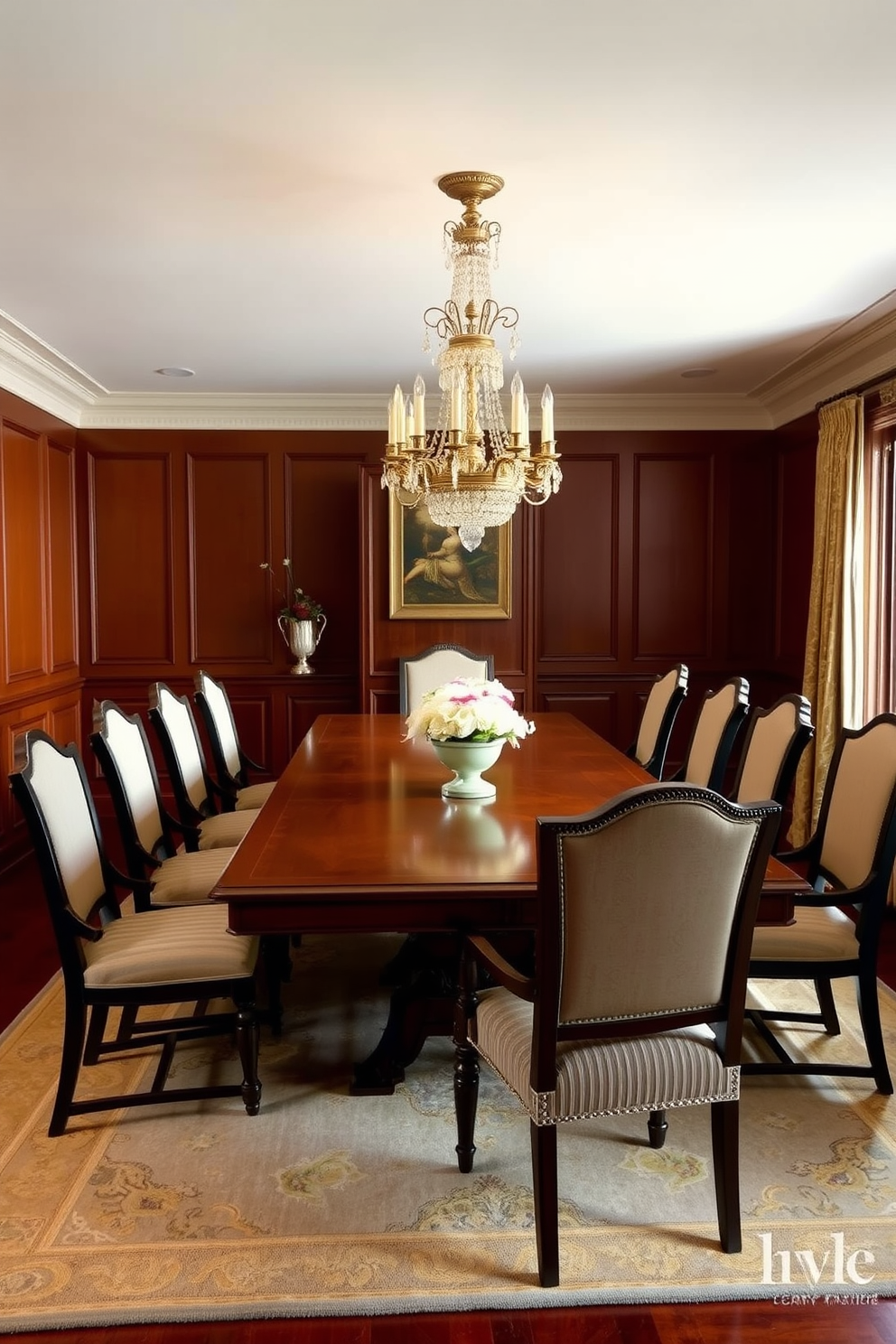 A traditional dining room featuring a large wooden dining table surrounded by elegantly upholstered chairs. A soft area rug lies underneath the table, adding warmth and texture to the space. The walls are adorned with classic wainscoting and a rich, warm color palette. A stunning chandelier hangs above the table, casting a soft glow over the room.