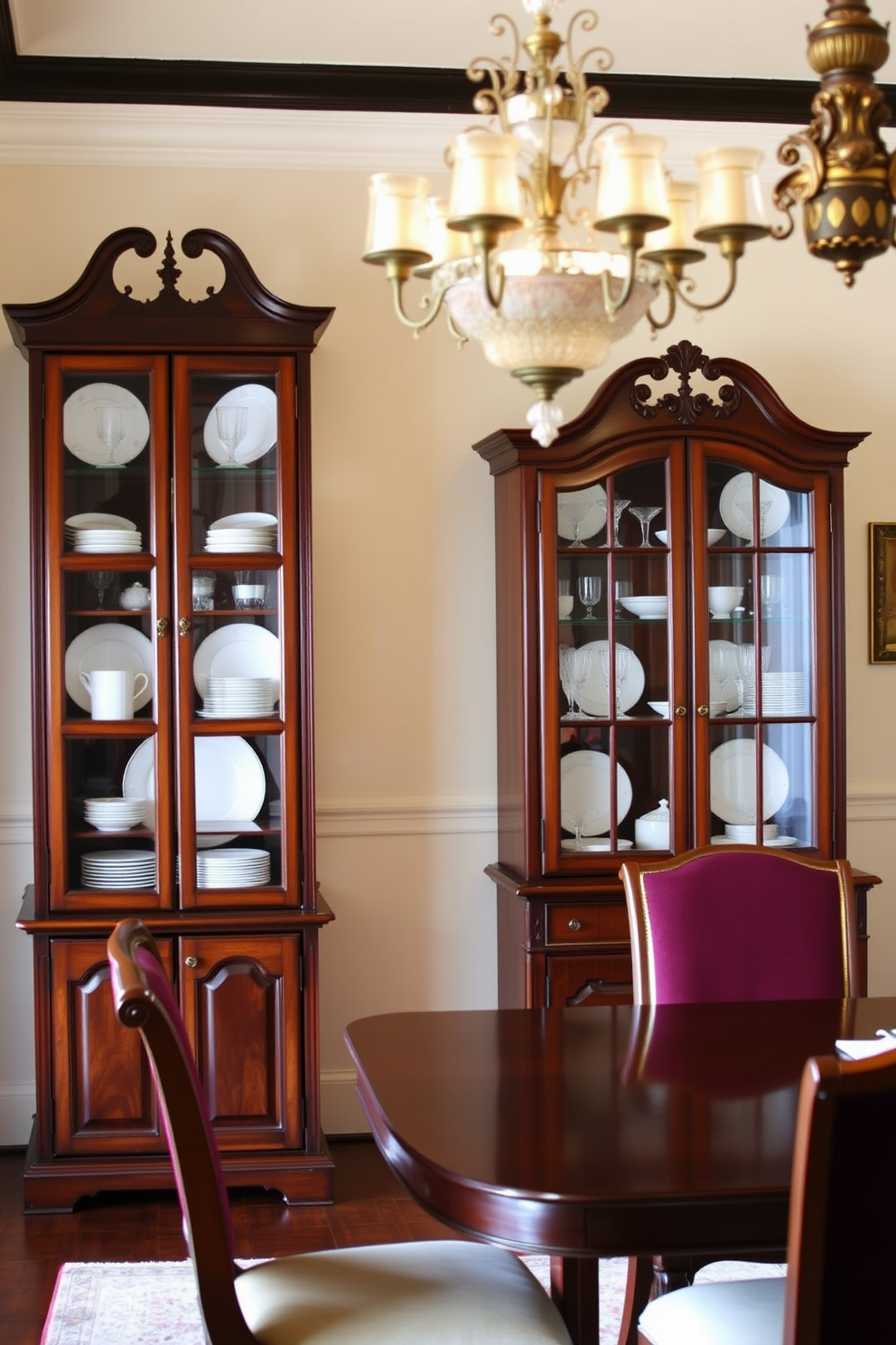 A traditional area rug with intricate patterns is the focal point of the dining room. Surrounding the rug are elegant wooden chairs with upholstered seats that complement the rug's colors. The dining table is a large, polished wood piece that showcases detailed carvings. Above the table, a classic chandelier adds a touch of sophistication and warmth to the space.