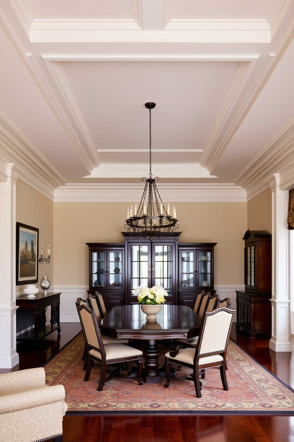 A traditional dining room featuring elegant crown molding that enhances the ceiling height. The room is adorned with a large wooden dining table surrounded by upholstered chairs in rich fabrics. A stunning chandelier hangs above the table, casting a warm glow across the space. The walls are painted in a soft cream color, complemented by dark wood accents and classic art pieces.