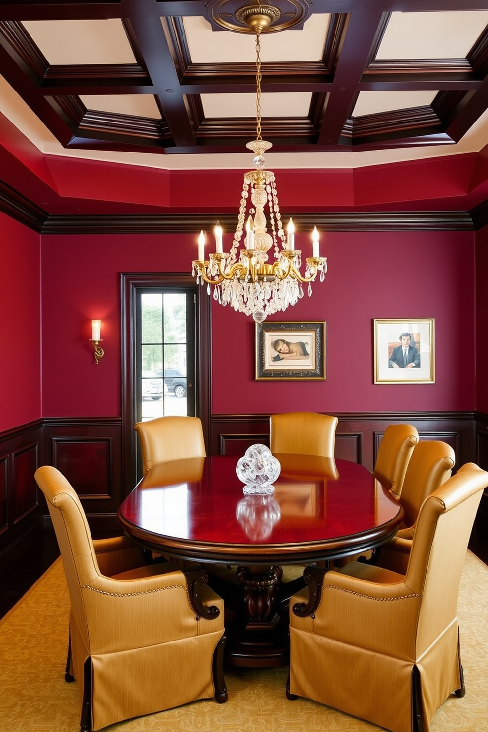 A traditional dining room featuring a warm color palette with deep hues. The walls are painted in a rich burgundy, complemented by dark wood wainscoting and a coffered ceiling. A large wooden dining table sits at the center, surrounded by upholstered chairs in a deep gold fabric. A crystal chandelier hangs above the table, casting a warm glow over the space.