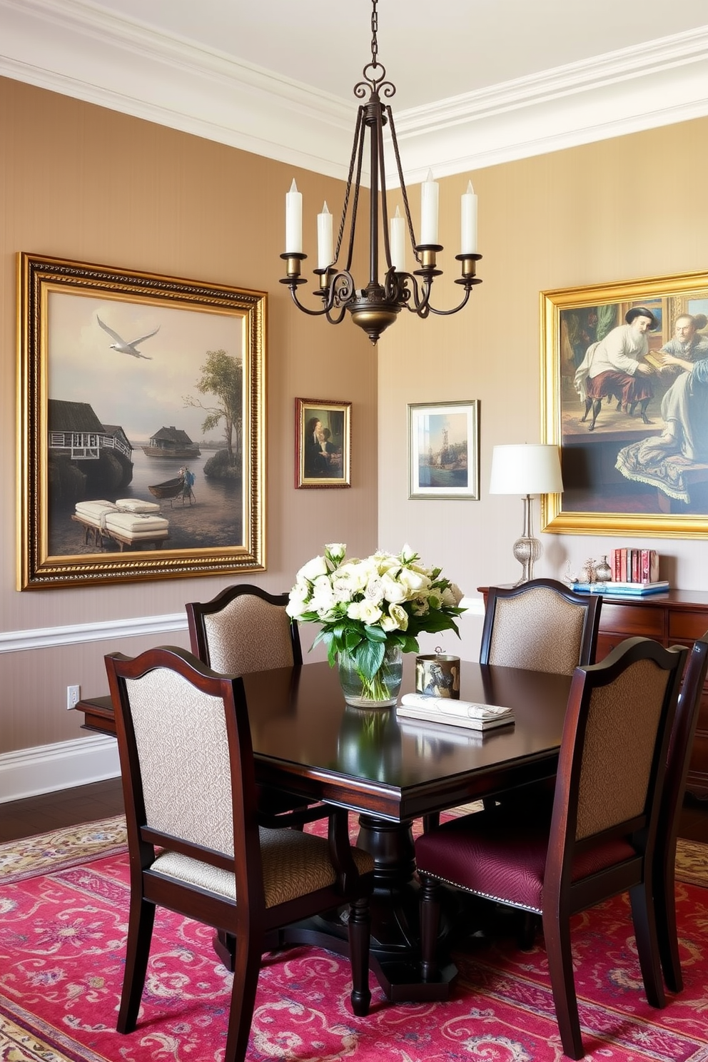 A traditional dining room featuring large framed artwork on the walls. The space includes an elegant wooden dining table surrounded by upholstered chairs in rich fabrics.