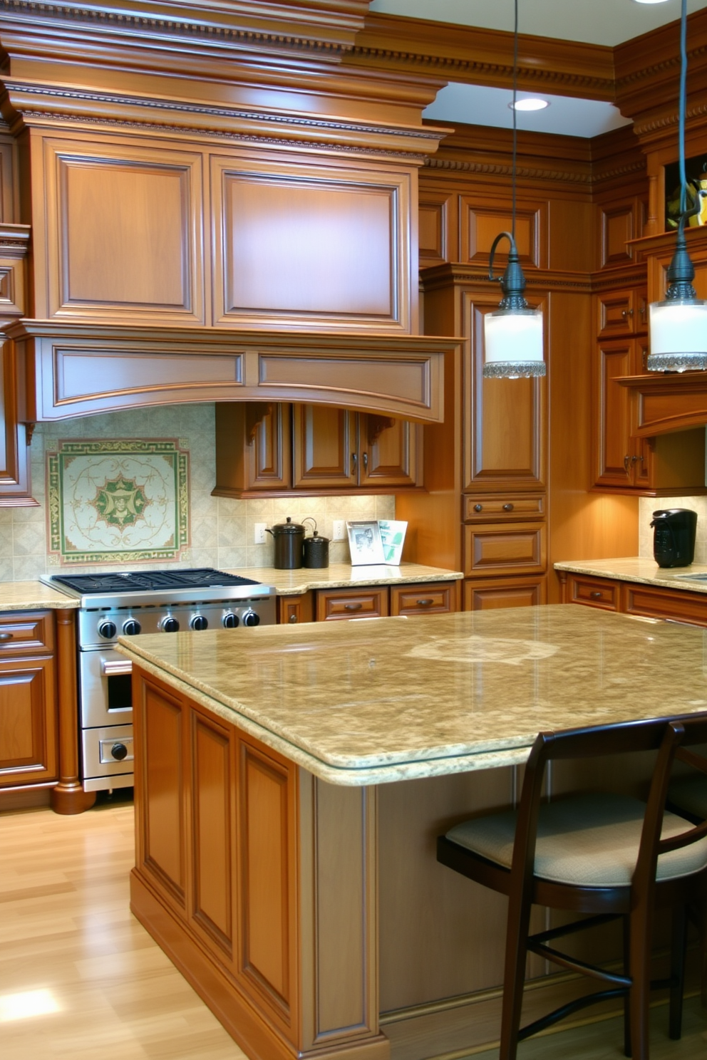 Warm wood cabinetry with classic detailing creates an inviting atmosphere in the kitchen. The space features a large central island with a polished granite countertop, surrounded by elegant bar stools. Soft under-cabinet lighting highlights the intricate moldings and enhances the rich tones of the cabinetry. A vintage-inspired backsplash in muted earth tones complements the overall design, adding character and charm to the kitchen.