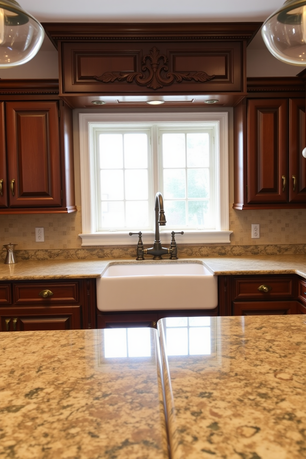 A traditional kitchen setting featuring ornate hardware that enhances the overall elegance of the space. The cabinetry is a rich mahogany with intricate carvings, complemented by brass knobs and handles that add a touch of sophistication. The countertops are made of polished granite, providing a luxurious contrast to the warm wood tones. A large farmhouse sink is centered beneath a window, with a vintage-style faucet that showcases the kitchen's classic charm.