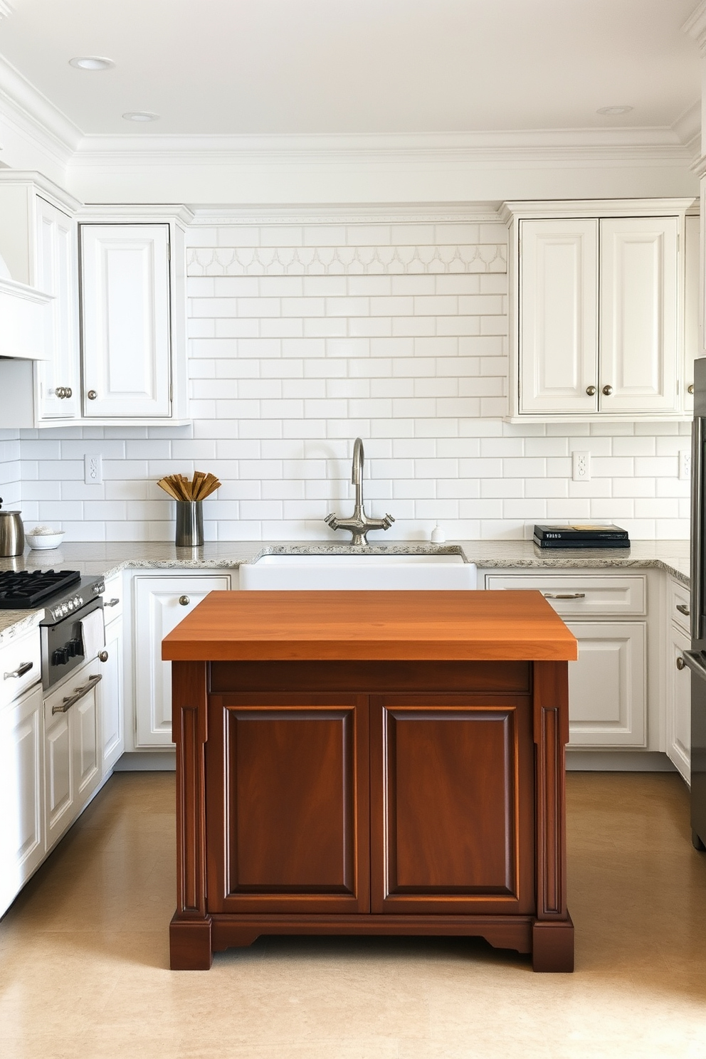 A traditional kitchen features a subway tile backsplash that adds a classic vibe to the space. The cabinetry is painted in a soft white, complemented by a large farmhouse sink and brushed nickel fixtures. The countertops are made of polished granite with subtle veining, providing both elegance and durability. A wooden kitchen island sits in the center, topped with a warm butcher block surface, perfect for meal prep and casual dining.