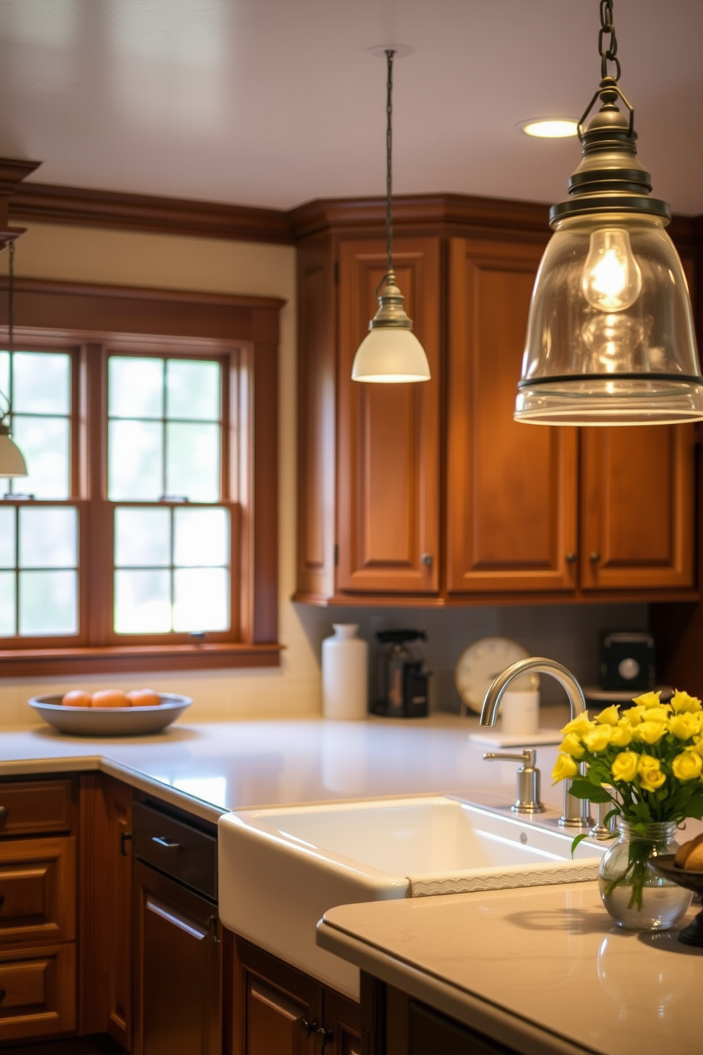 A traditional kitchen setting featuring ornate hardware on drawers and doors. The cabinetry is painted in a soft cream color with intricate details and a rich wooden island at the center.