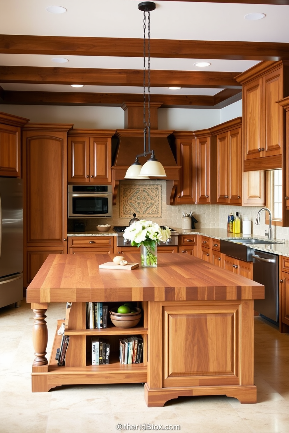 A traditional kitchen featuring a spacious butcher block island that serves as a multifunctional centerpiece. The island is surrounded by classic wooden cabinetry and complemented by stainless steel appliances for a timeless look.