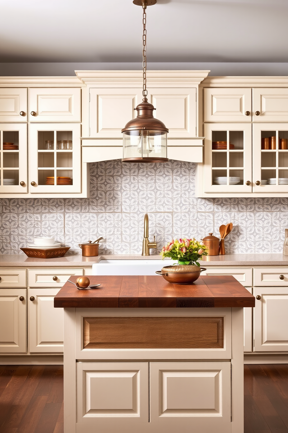 A traditional kitchen setting with tarnished copper accents that add warmth and character. The cabinetry features classic raised panel doors painted in a soft cream color, complemented by a large farmhouse sink and a rustic wooden island at the center. Hanging above the island are vintage-style pendant lights with tarnished copper finishes, casting a warm glow. The backsplash is adorned with intricate subway tiles in a muted palette, and open shelves display charming dishware and copper pots.