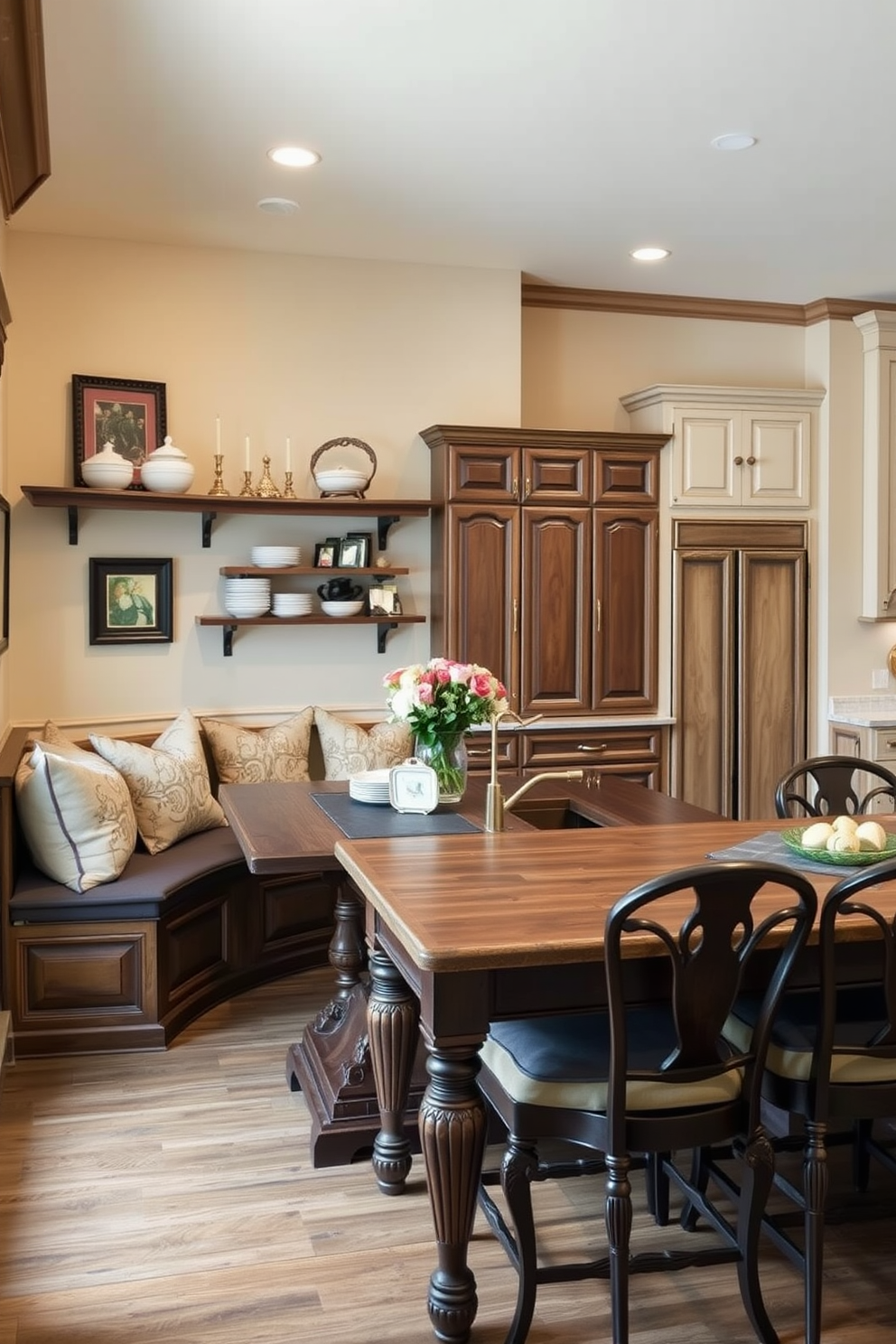 A traditional brick fireplace with a rustic wooden mantel. The fireplace is surrounded by comfortable seating and warm lighting, creating a cozy atmosphere. A traditional kitchen featuring wooden cabinets with intricate details. The kitchen includes a large farmhouse sink and a central island topped with a polished granite surface.