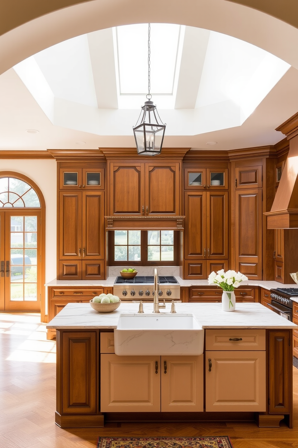 A traditional kitchen design featuring decorative corbels under the countertop overhang. The cabinetry is painted in a warm cream color with intricate detailing, complemented by a farmhouse sink and polished brass fixtures.