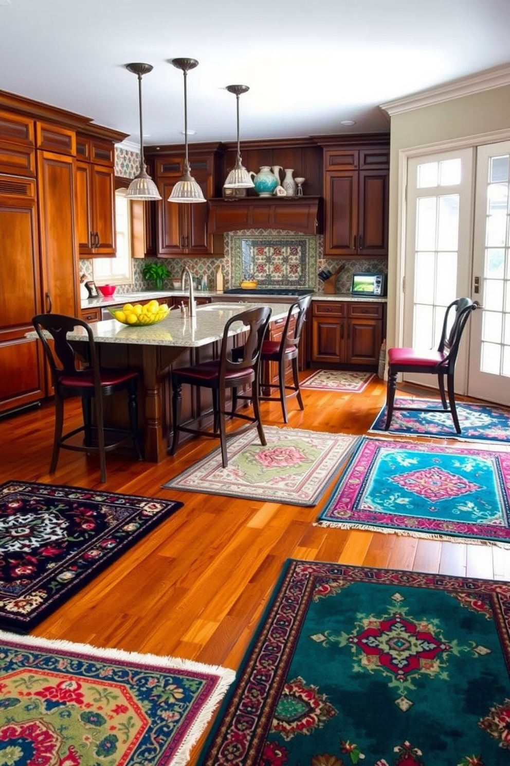 A cozy kitchen space featuring colorful area rugs that add warmth and texture to the room. The rugs are artfully layered on a hardwood floor, complementing the rich tones of the wooden cabinetry and the vibrant backsplash tiles. The kitchen showcases a traditional design with classic elements such as a farmhouse sink and ornate cabinet hardware. A large central island serves as both a functional workspace and a gathering spot, adorned with elegant barstools that enhance the inviting atmosphere.