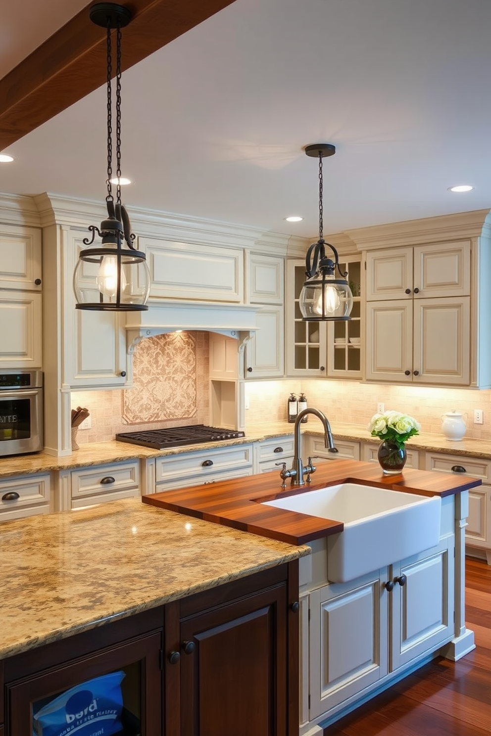 A warm and inviting traditional kitchen featuring furniture-style cabinetry that adds a homey touch. The cabinetry is painted in a soft cream color with intricate molding details, complemented by a large farmhouse sink and a wooden island with a rich walnut finish. The countertops are made of polished granite in earthy tones, providing a beautiful contrast to the cabinetry. Vintage-inspired pendant lights hang above the island, illuminating the space and enhancing the cozy atmosphere.