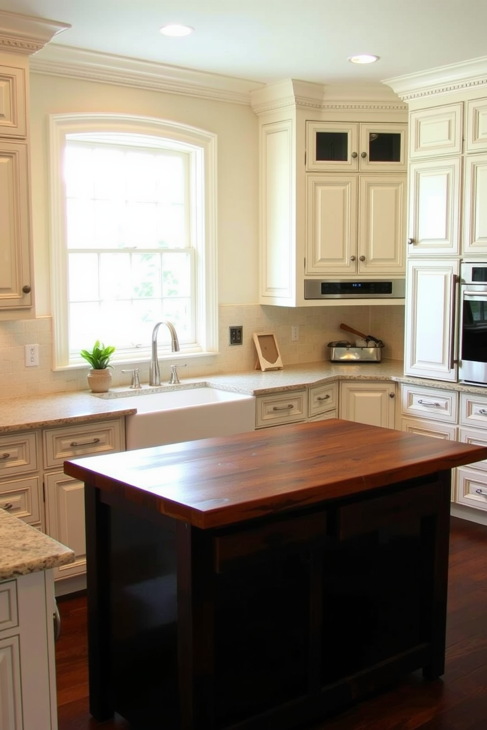 A traditional kitchen design featuring integrated appliances for a seamless look. The cabinetry is painted in a soft cream color with intricate moldings, and the countertops are made of polished granite. The kitchen island is central to the space, topped with a rustic wooden surface. A classic farmhouse sink is installed beneath a window, allowing natural light to flood the area.