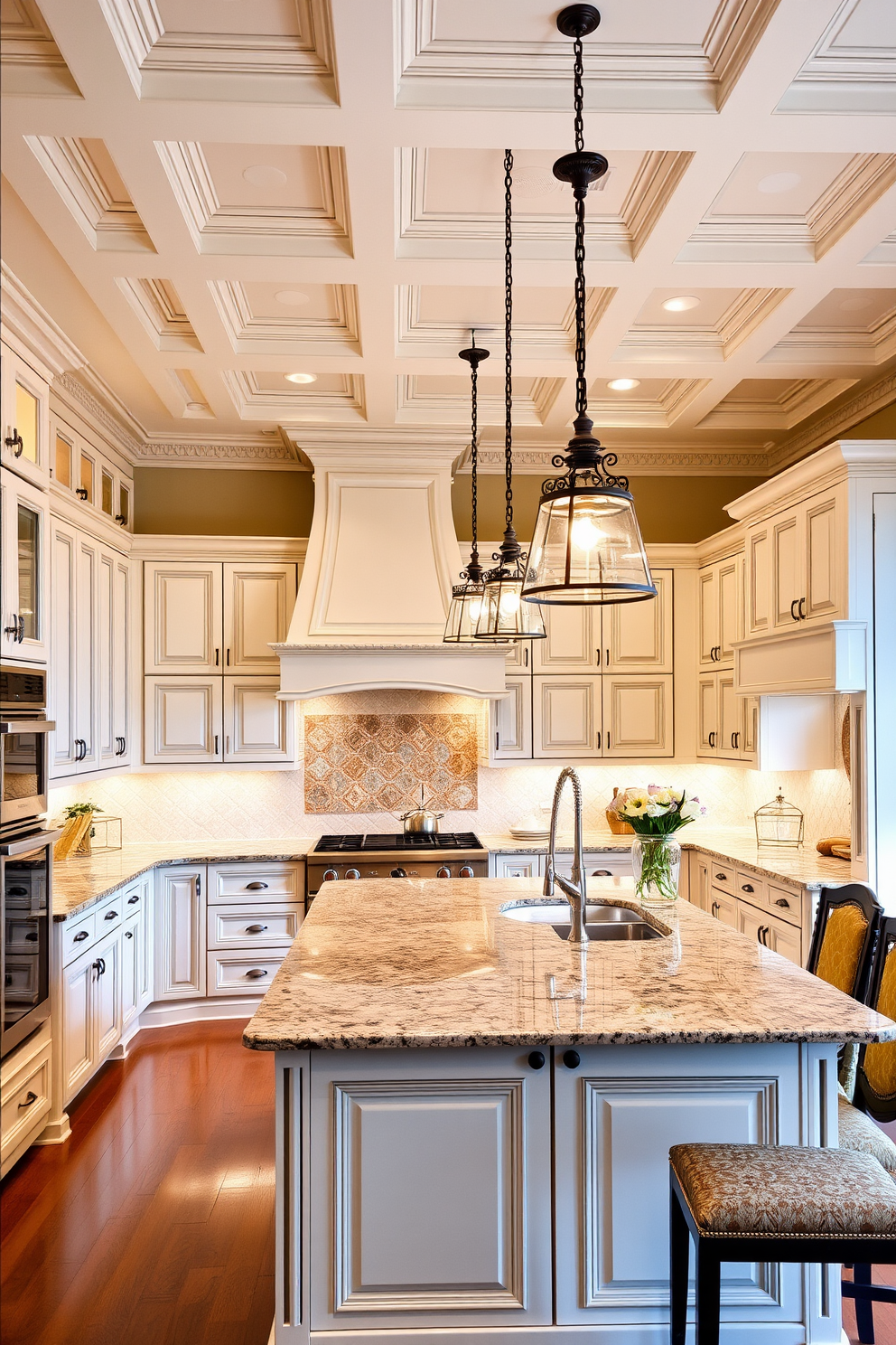 Elegant crown molding for a refined look. The kitchen features classic cabinetry in a soft white finish with intricate detailing. A large central island with a polished granite countertop serves as a functional centerpiece. Warm pendant lights hang above, illuminating the space with a cozy glow.