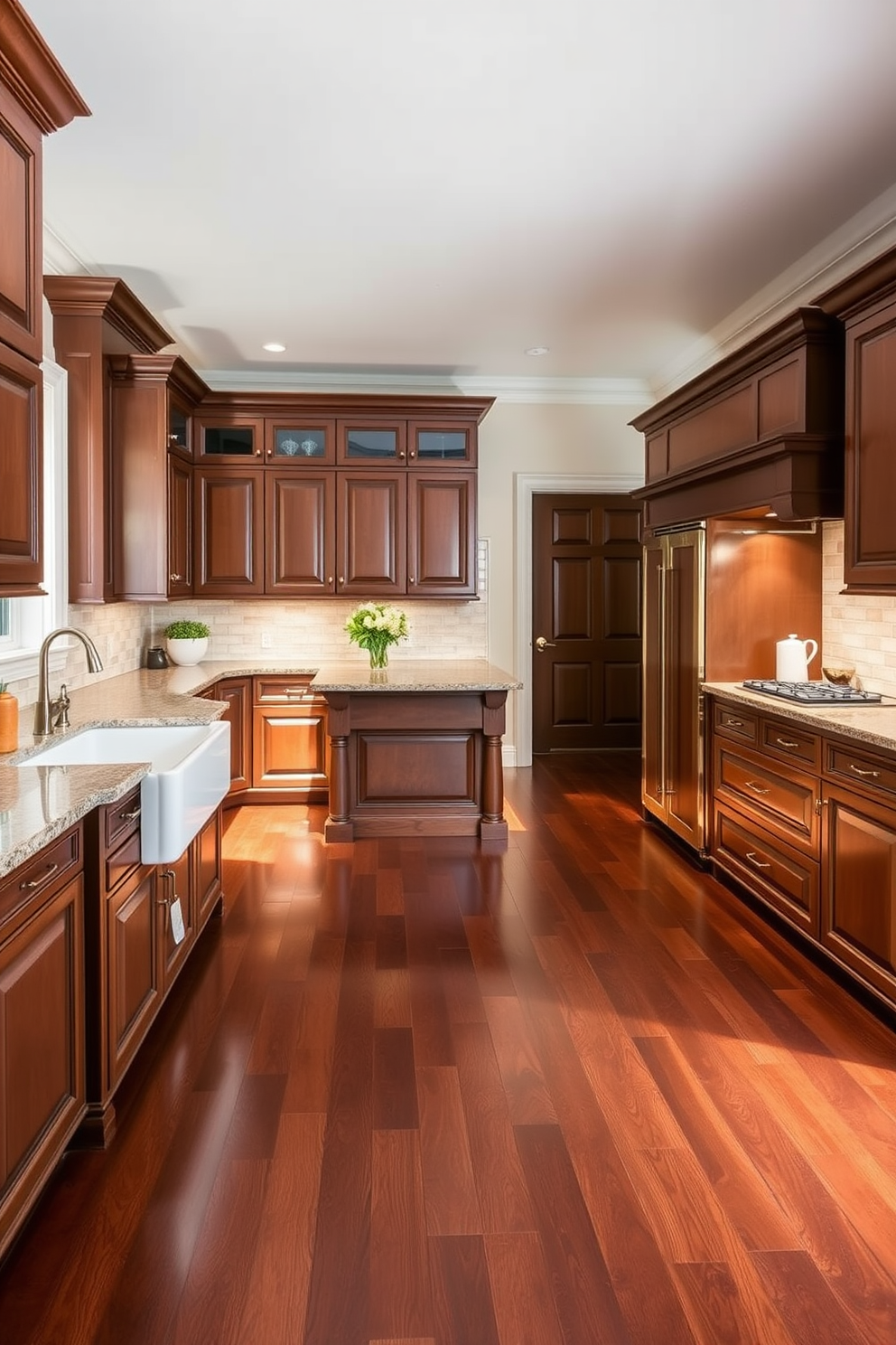 A traditional kitchen setting featuring rich dark wood floors that add warmth and depth to the space. The kitchen includes classic cabinetry with intricate molding, a large farmhouse sink, and a central island topped with a polished granite surface.