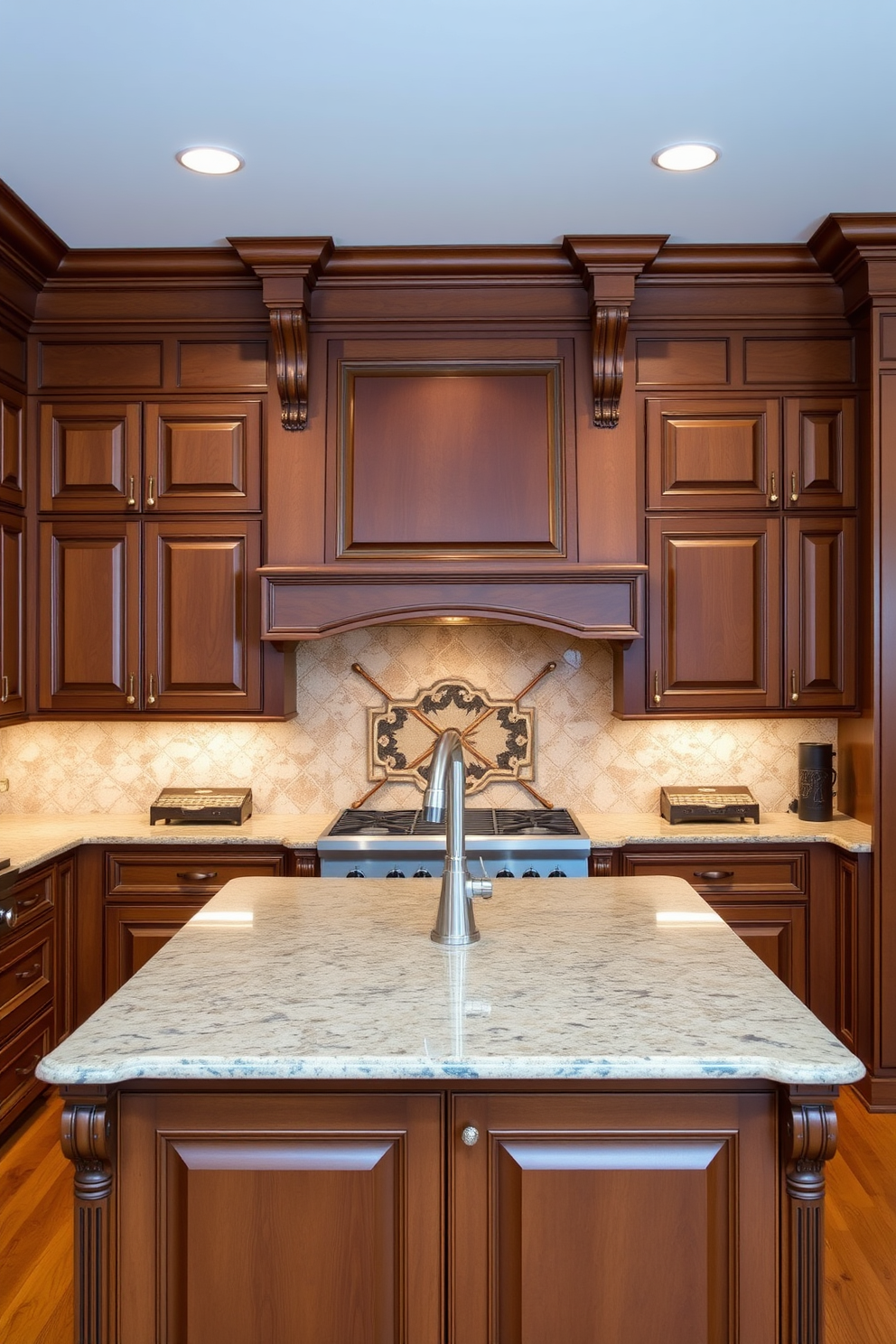 A traditional kitchen design featuring decorative corbels that enhance the architectural interest of the space. The cabinetry is a rich wood finish with intricate detailing, complemented by a large central island topped with a polished granite surface.