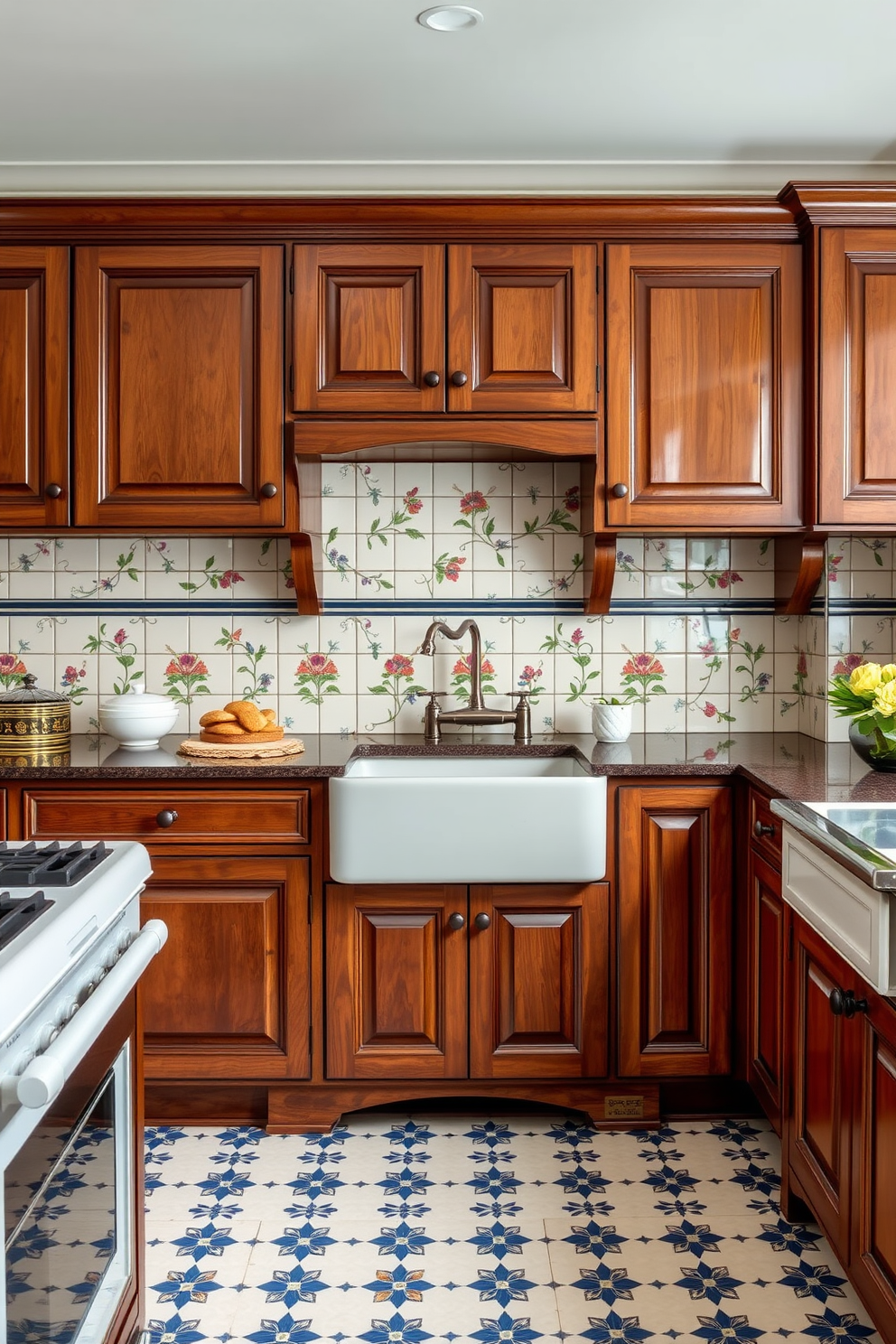 A traditional kitchen design featuring antique accessories that add vintage flair. The space includes a farmhouse sink, wooden cabinetry with intricate carvings, and a large wooden dining table surrounded by mismatched chairs.