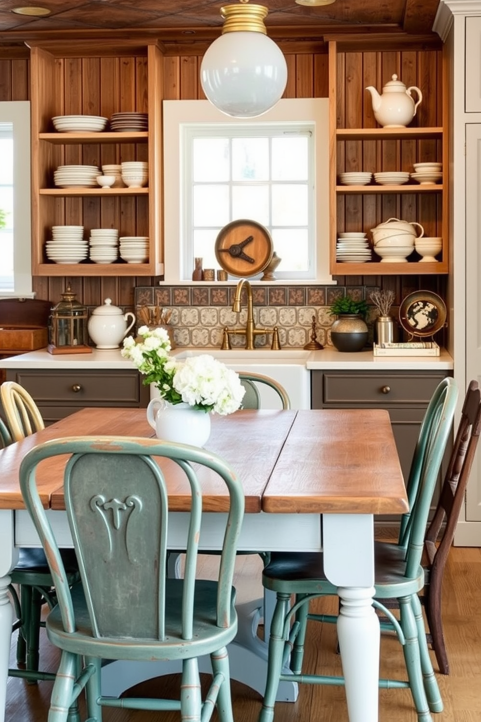 Antique furniture pieces add unique character to a traditional kitchen. Imagine a rustic wooden table surrounded by mismatched chairs, each with its own history and charm. The kitchen features a classic farmhouse sink paired with vintage brass fixtures. Open shelving displays antique dishware, enhancing the warm and inviting atmosphere.