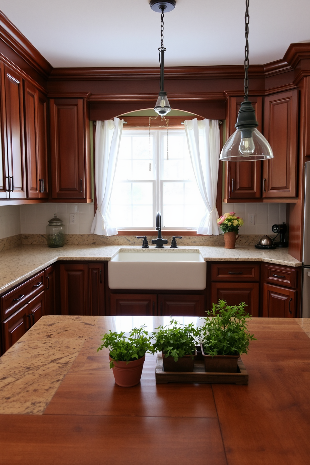 A traditional kitchen design featuring intricate tile work behind the stove. The tiles showcase a classic pattern in soft earth tones, adding warmth and character to the space.