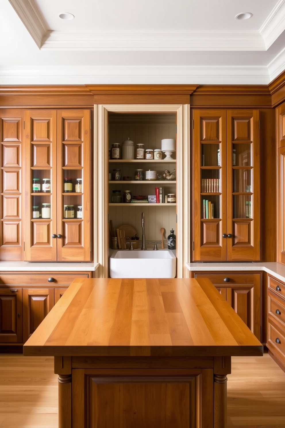 A traditional pantry featuring vintage wooden doors that add character and charm. The interior is organized with open shelving displaying jars and cookbooks, creating a warm and inviting atmosphere. The traditional kitchen design showcases classic cabinetry with intricate moldings and a farmhouse sink. Warm, neutral tones are complemented by a large wooden island that serves as a central gathering space for family and friends.