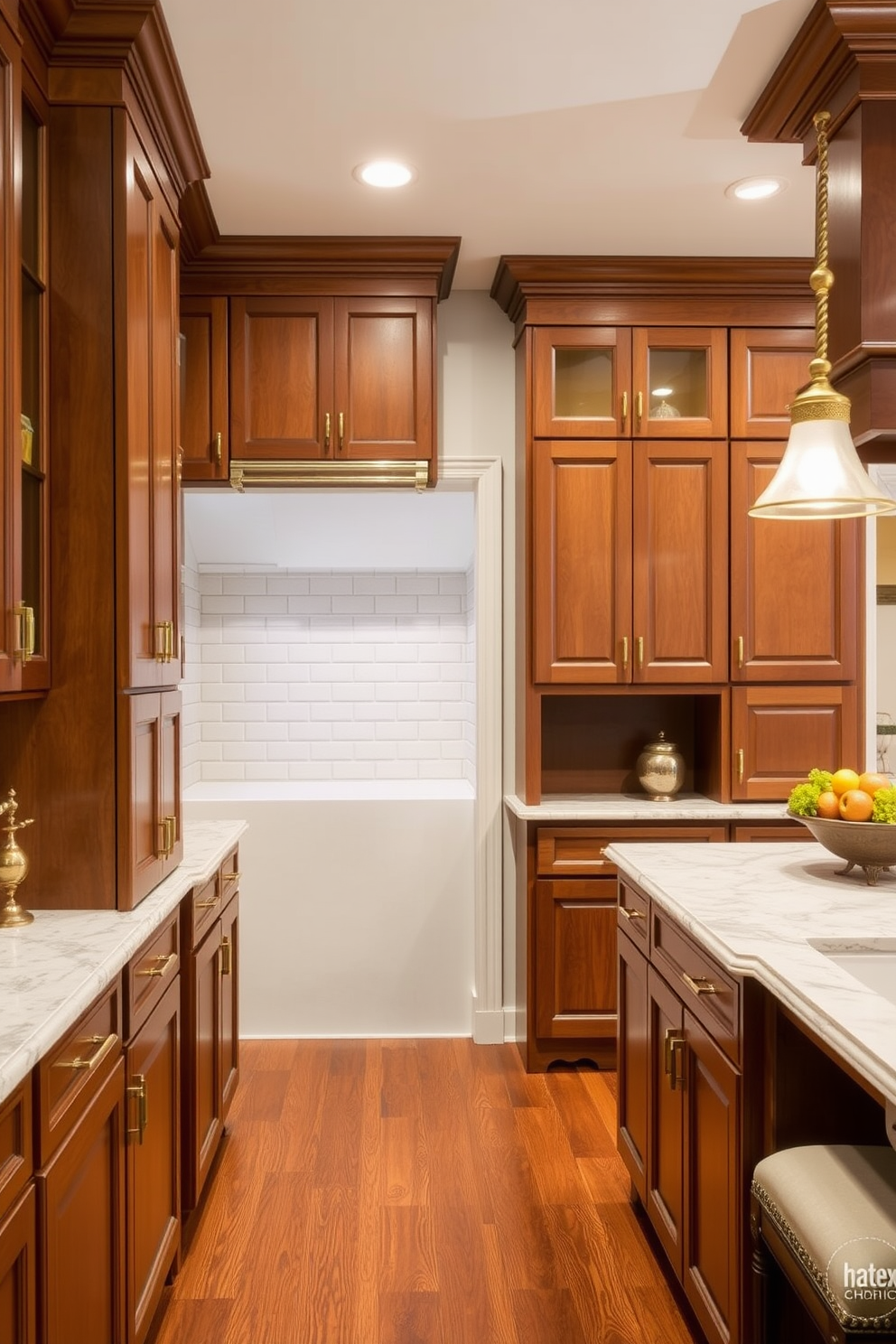 Custom cabinetry designed for personalized storage features elegant wood finishes and intricate detailing. The cabinets are complemented by a classic subway tile backsplash and polished brass hardware, creating a warm and inviting atmosphere. This traditional kitchen design incorporates a spacious island with additional seating, perfect for family gatherings. Soft, ambient lighting enhances the rich colors of the cabinetry and countertops, making the space both functional and stylish.