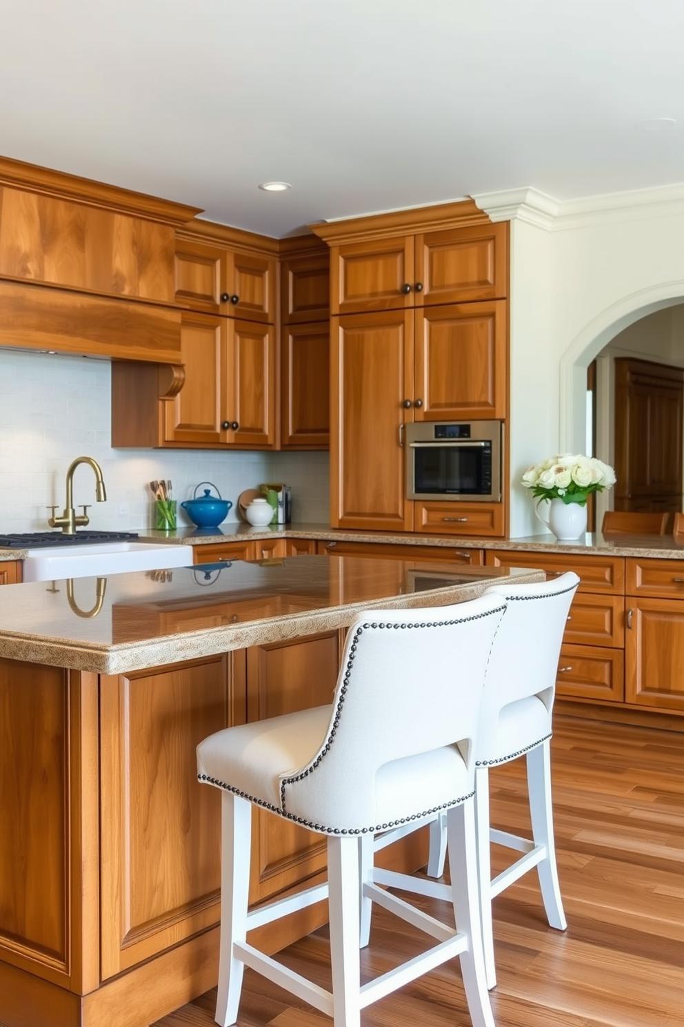 Nostalgic wallpaper featuring vibrant floral patterns adorns the walls of a traditional kitchen. The space is filled with warm wooden cabinetry, a farmhouse sink, and classic brass fixtures that enhance the vintage charm.