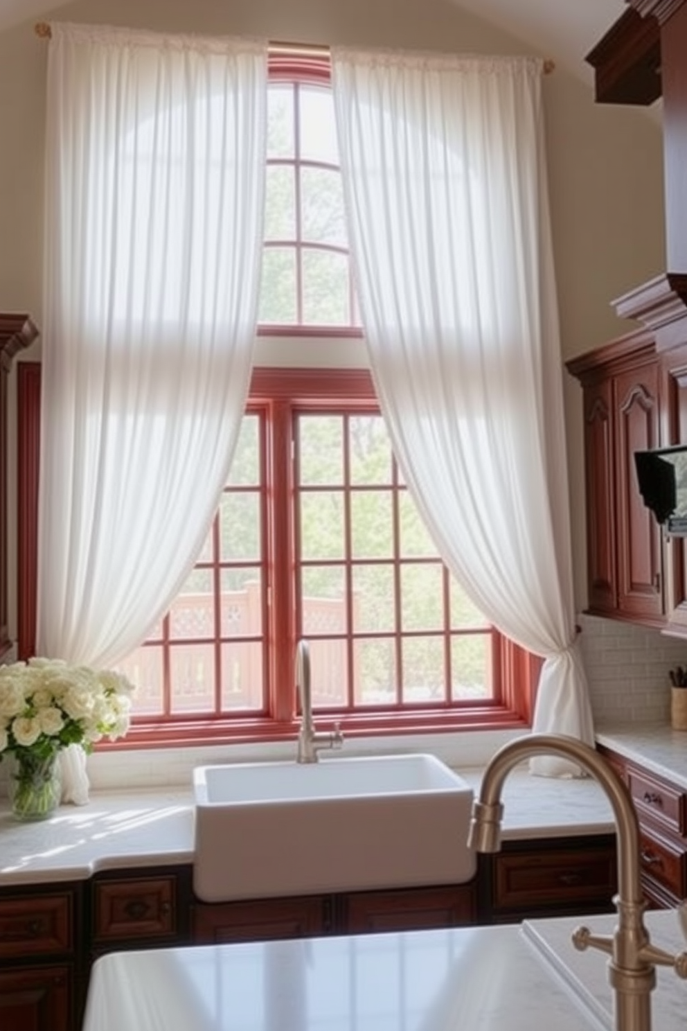 Elegant window treatments for softness. Sheer white curtains gently drape from a wooden rod, allowing soft natural light to filter through while providing privacy. Traditional kitchen design ideas. A spacious layout features dark wood cabinetry with ornate detailing, complemented by a large farmhouse sink and a classic subway tile backsplash.