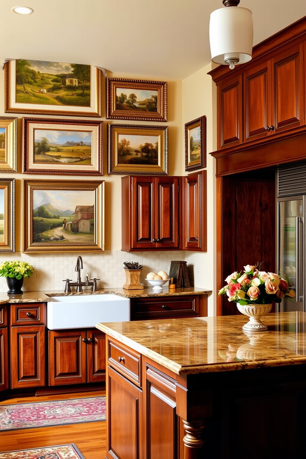 A charming ceramic farmhouse style cookware display graces the open shelves of a traditional kitchen. The shelves are filled with an assortment of colorful pots and pans, complemented by rustic wooden accents and vintage kitchen tools. Natural light pours in through a large window, highlighting the warm tones of the cabinetry and the inviting atmosphere of the space. A farmhouse sink with an antique faucet sits beneath the window, surrounded by fresh herbs in ceramic pots.