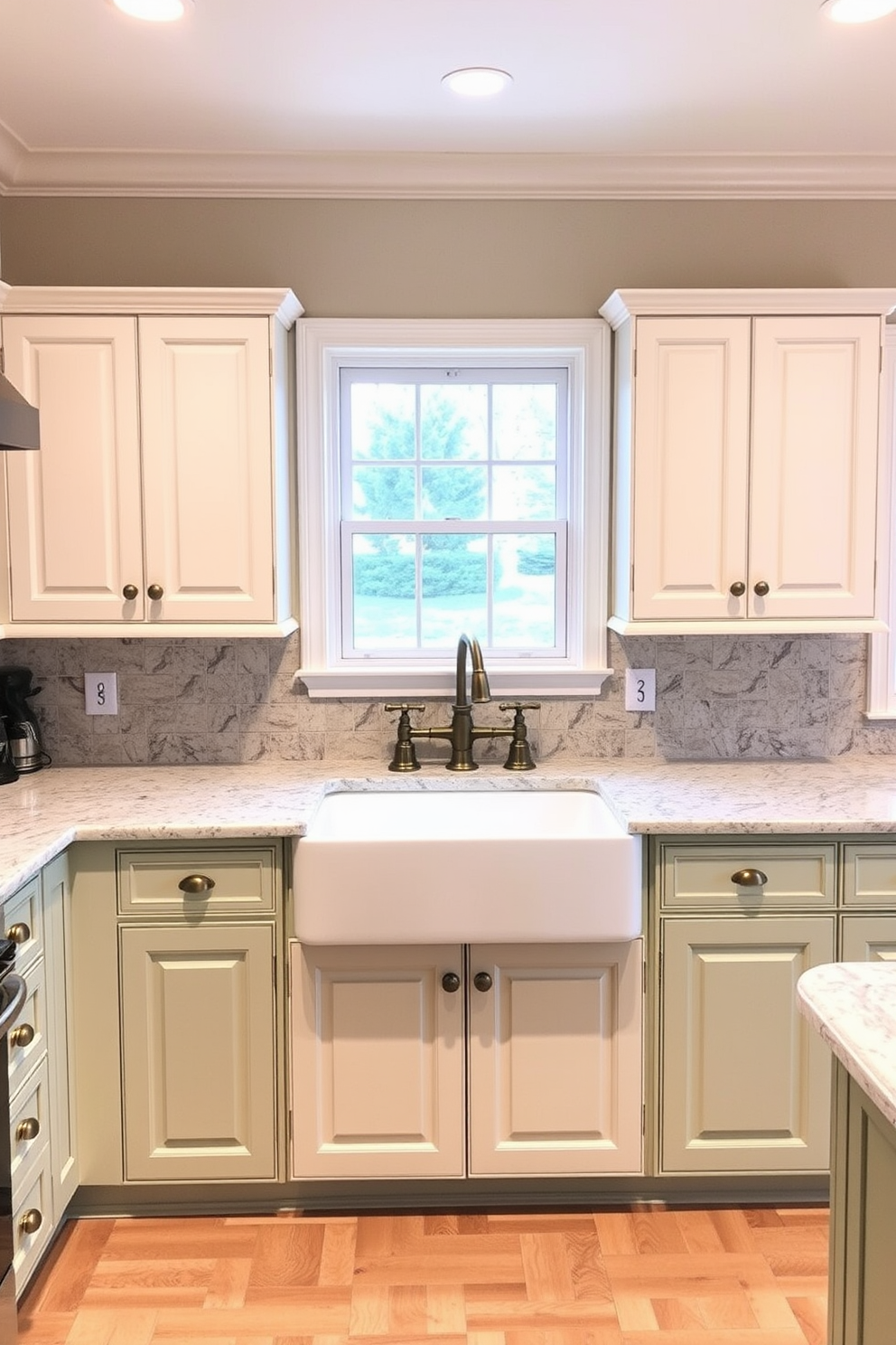 A traditional kitchen featuring two-tone cabinets in soft muted colors. The upper cabinets are painted in a pale cream, while the lower cabinets are a soft sage green, creating a harmonious balance. The countertops are made of light granite with subtle veining, complementing the cabinetry. A farmhouse sink is centered beneath a window, with vintage-style brass fixtures adding a touch of elegance.