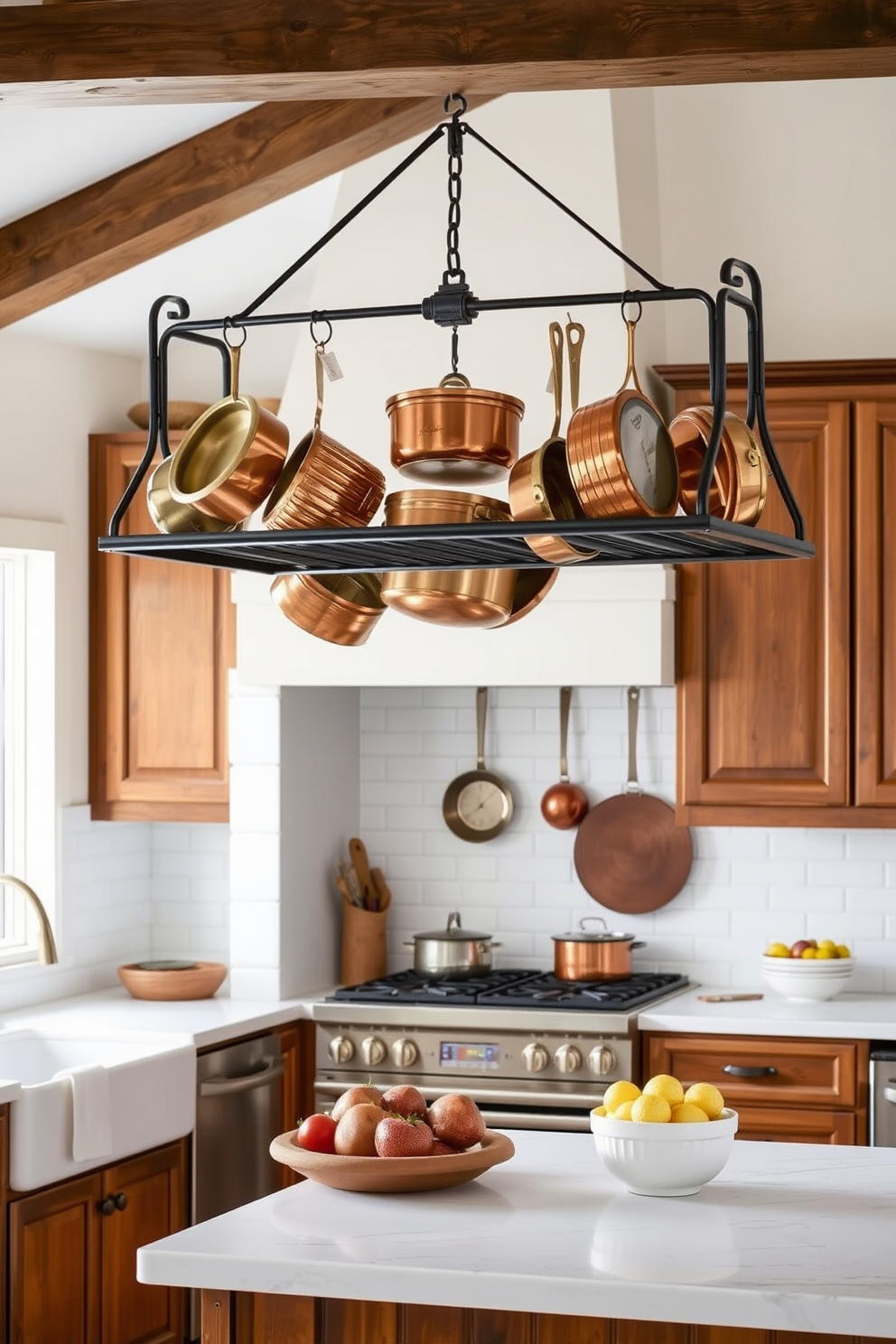 A classic pot rack hangs elegantly above a spacious kitchen island, showcasing an array of copper pots and pans that add warmth to the space. The kitchen features rich wooden cabinetry paired with a white subway tile backsplash, creating a timeless and inviting atmosphere.