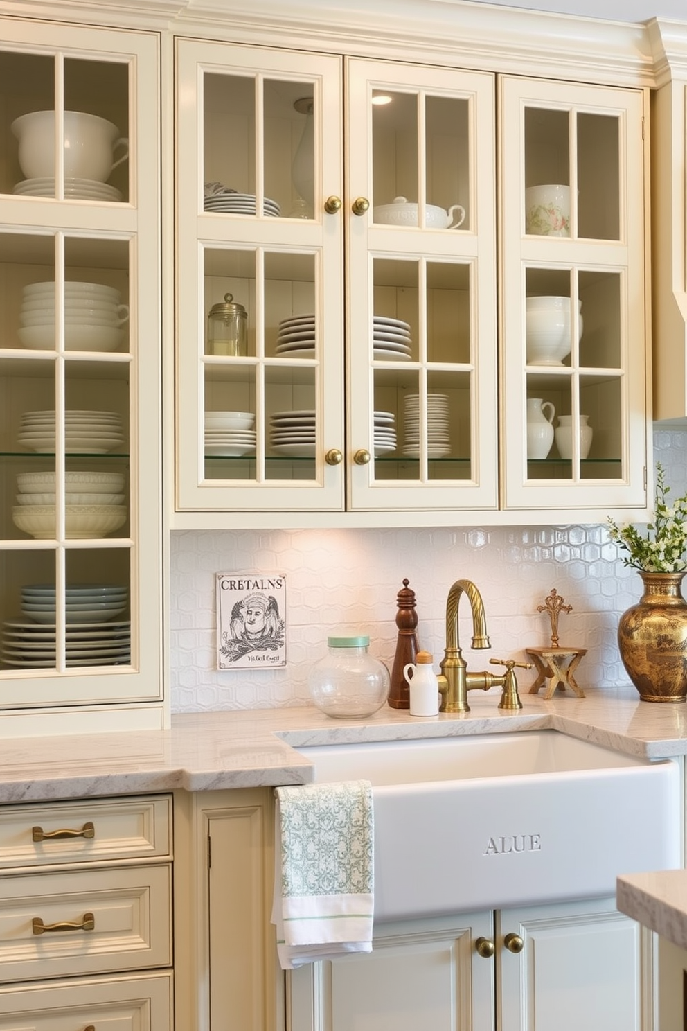 A traditional kitchen design featuring elegant glass cabinet doors that showcase beautifully arranged dishware and decorative items. The cabinetry is painted in a soft cream color, complemented by a classic farmhouse sink and polished brass fixtures.