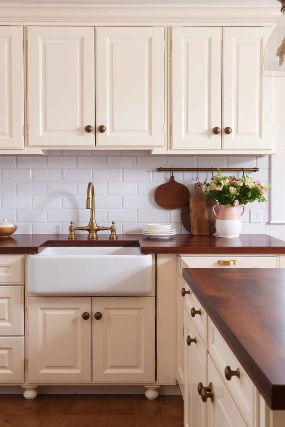 A traditional kitchen design featuring vintage fixtures that evoke a sense of timeless charm. The cabinetry is painted in a soft cream color, complemented by antique brass hardware and a farmhouse sink. The countertops are made of rich, dark wood, providing a warm contrast to the lighter cabinetry. A classic subway tile backsplash in white adds a clean and elegant touch to the overall design.