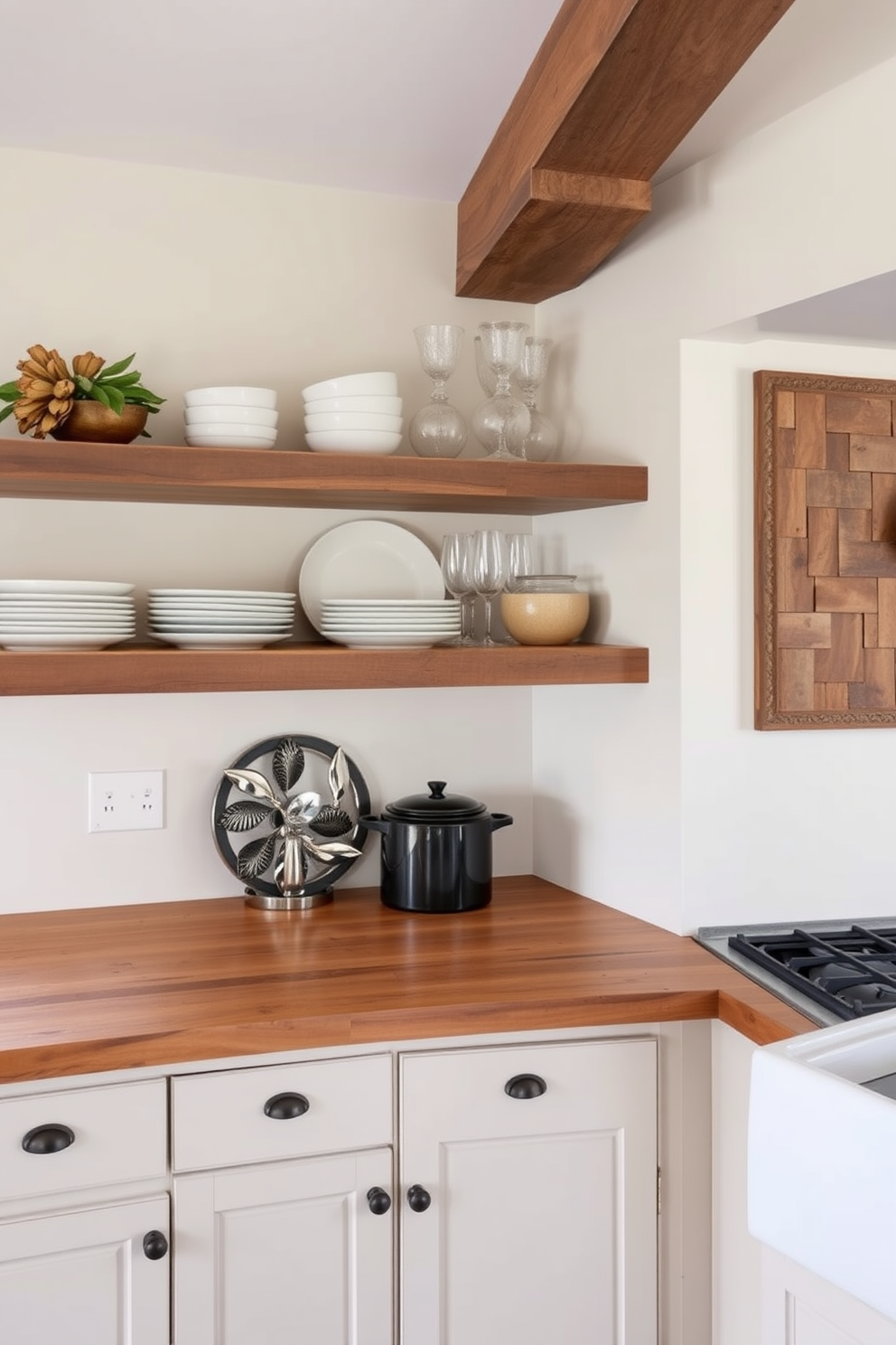 A charming kitchen featuring a farmhouse sink with an antique faucet. The cabinetry is painted in a soft white, complemented by a rustic wooden countertop and open shelving displaying vintage dishware. The backsplash consists of classic subway tiles in a glossy finish, adding a touch of elegance. A large window above the sink allows natural light to flood the space, highlighting the cozy atmosphere.