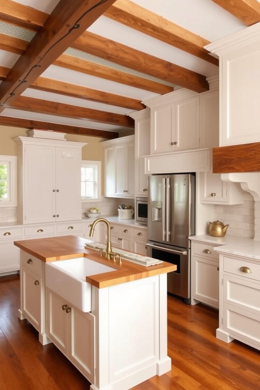 A traditional kitchen design featuring a farmhouse sink as the centerpiece. The cabinetry is painted in a soft white with antique brass hardware, complemented by a warm wood island. Exposed wooden beams adorn the ceiling, adding to the rustic charm. The countertops are a mix of butcher block and white marble, creating a cozy yet elegant atmosphere.