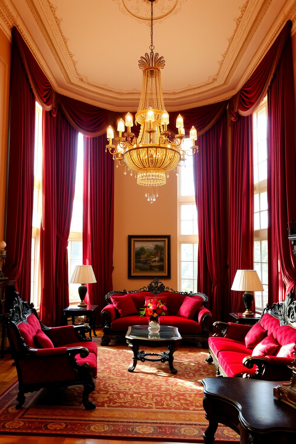 Crown molding elegantly frames the ceiling, adding a touch of sophistication and enhancing the overall height of the room. The space features a cozy seating arrangement with a plush sofa and armchairs, complemented by a classic coffee table at the center. Rich wooden furniture pieces provide warmth and character, while a large area rug anchors the seating area. Soft lighting from ornate fixtures creates an inviting atmosphere, highlighting the carefully chosen decor elements.