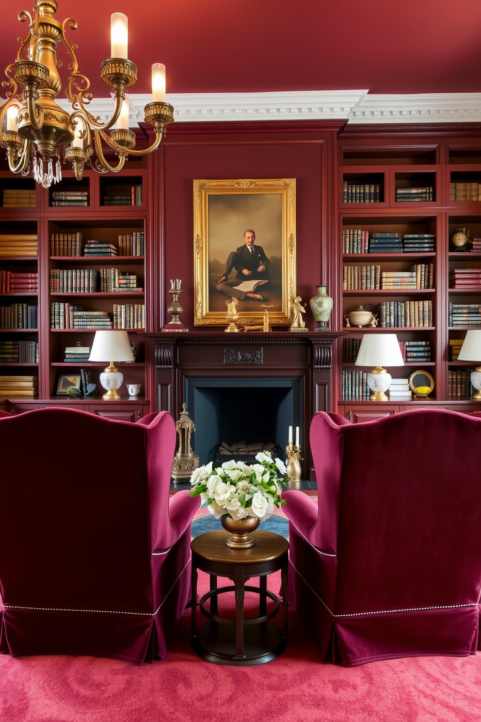 A traditional living room featuring a classic fireplace made of brick with a polished wooden mantel. In front of the fireplace, there are two plush armchairs upholstered in rich fabric, complemented by a soft area rug that adds warmth to the space. The walls are adorned with elegant crown molding and painted in a soft cream color. A wooden coffee table sits in the center, surrounded by decorative books and a vintage lamp, creating an inviting atmosphere for gatherings.