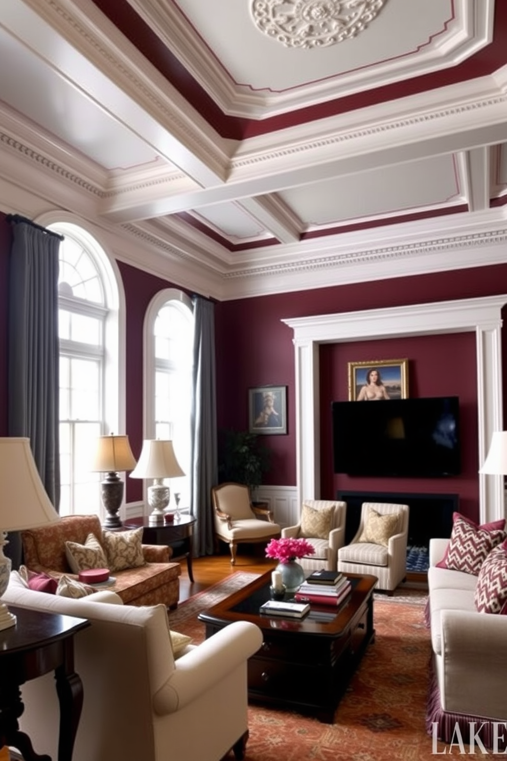 A traditional living room featuring floral patterns on curtains and cushions. The space is filled with rich, warm colors and classic furniture pieces that create an inviting atmosphere.