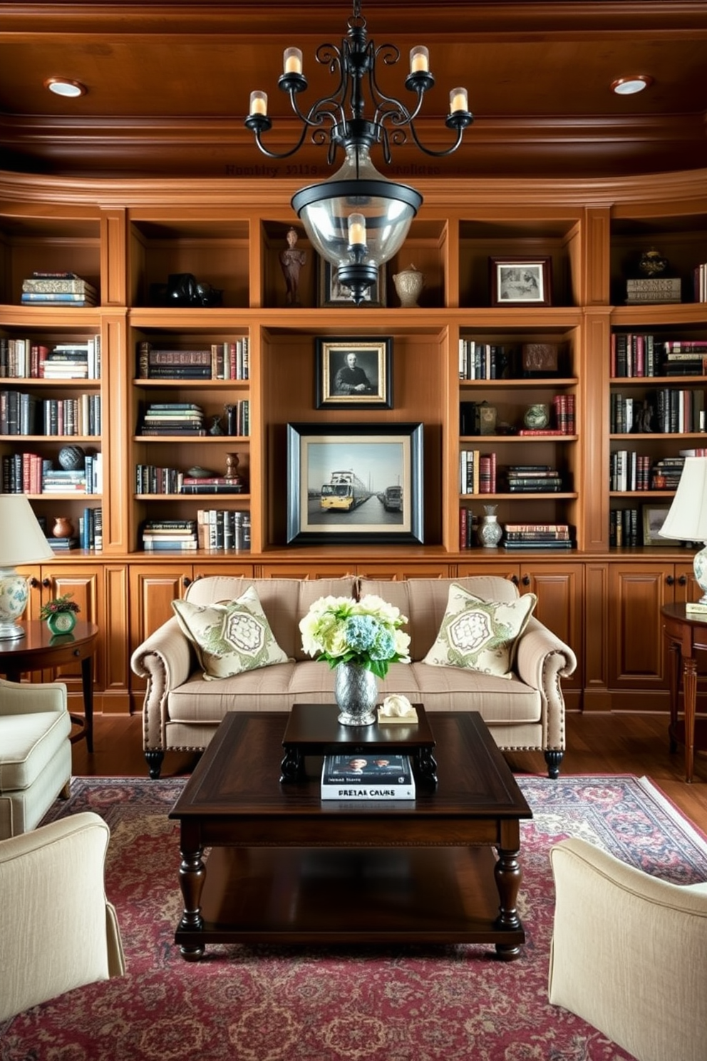 A traditional living room filled with classic literature. The walls are lined with dark wooden bookshelves, overflowing with leather-bound books and decorative bookends. A plush, deep-seated sofa sits in the center, adorned with rich fabrics and elegant throw pillows. A vintage coffee table, made of polished mahogany, rests on a beautifully patterned area rug, inviting conversation and relaxation.