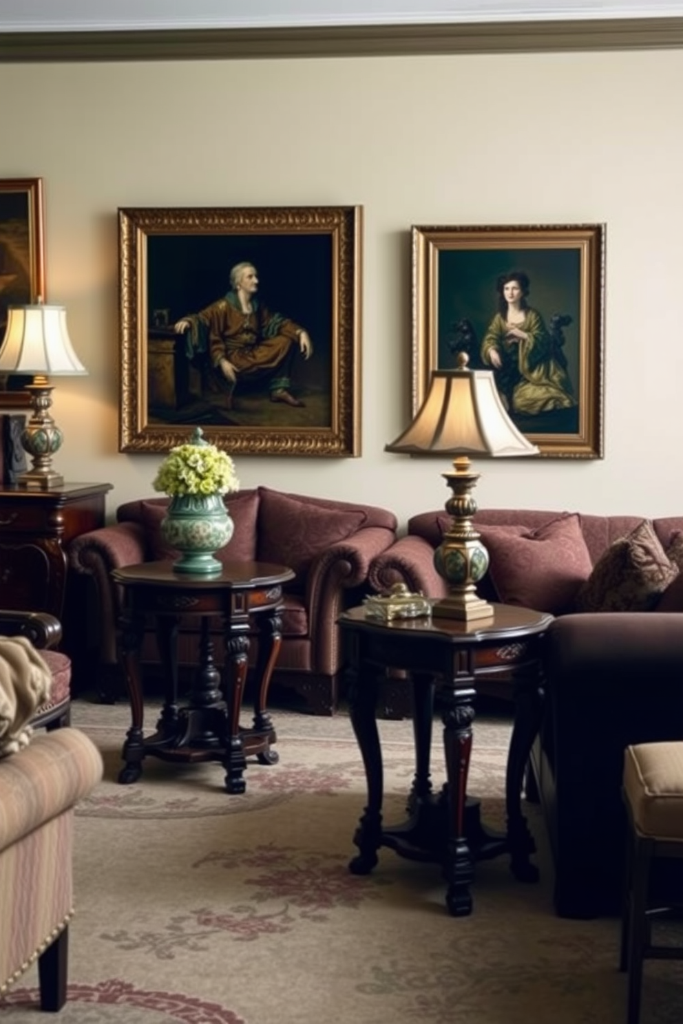 A cozy traditional living room featuring vintage side tables on either side of a plush sofa. Each side table is adorned with decorative lamps that emit a warm glow, creating an inviting atmosphere.