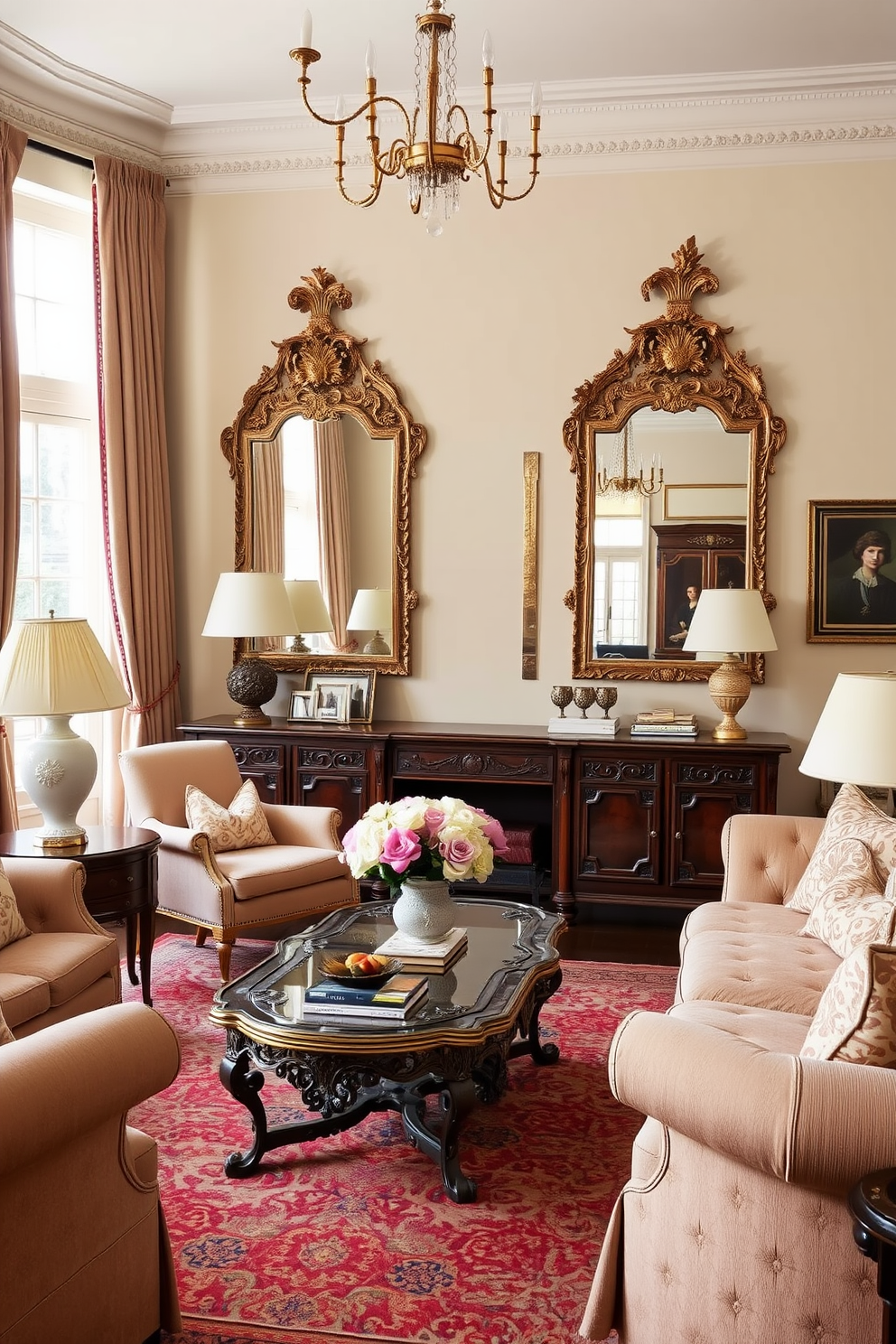 A traditional living room features woven baskets that provide stylish storage solutions while adding a touch of warmth to the space. The baskets are placed strategically around the room, complementing the rich wood tones of the furniture and the cozy fabric of the upholstery.