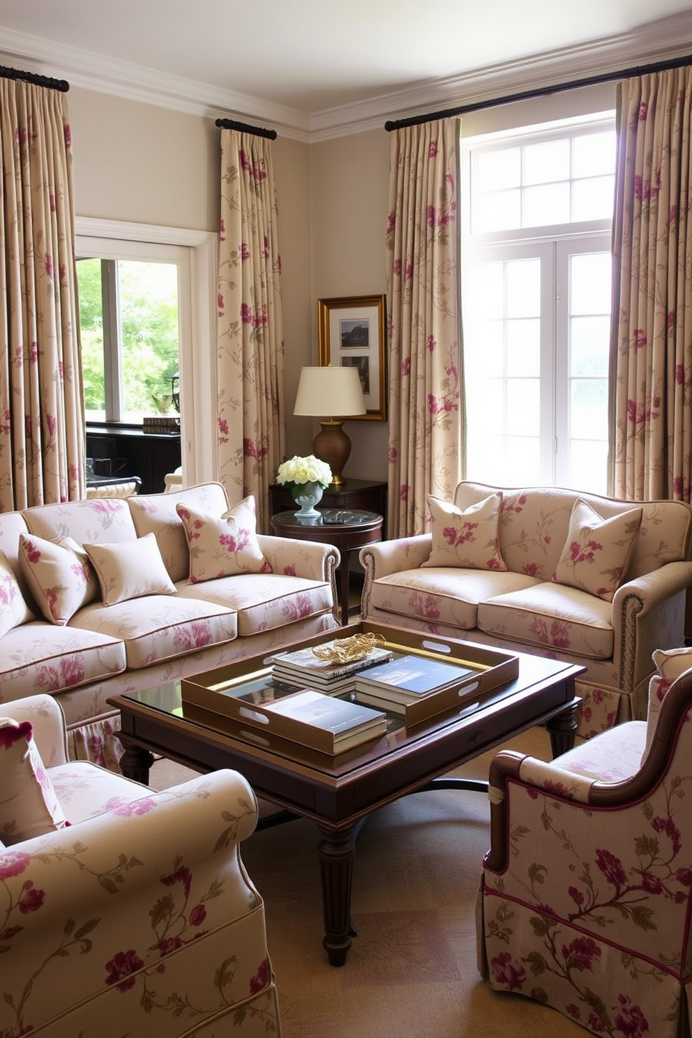 Timeless wingback chairs upholstered in rich fabric create an inviting focal point in the room. The chairs are paired with a classic wooden coffee table, surrounded by a soft area rug that ties the space together. Elegant drapery frames the windows, allowing natural light to filter in while providing privacy. A warm color palette of deep blues and soft creams enhances the traditional ambiance of the living room.