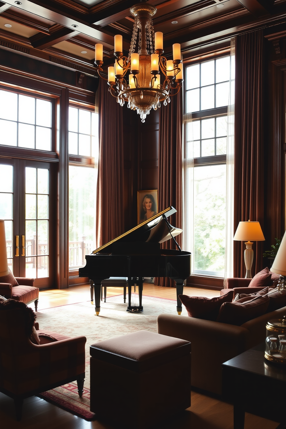 A traditional living room featuring decorative mirrors that reflect natural light throughout the space. The room includes a plush sofa adorned with patterned cushions and a classic coffee table made of dark wood.