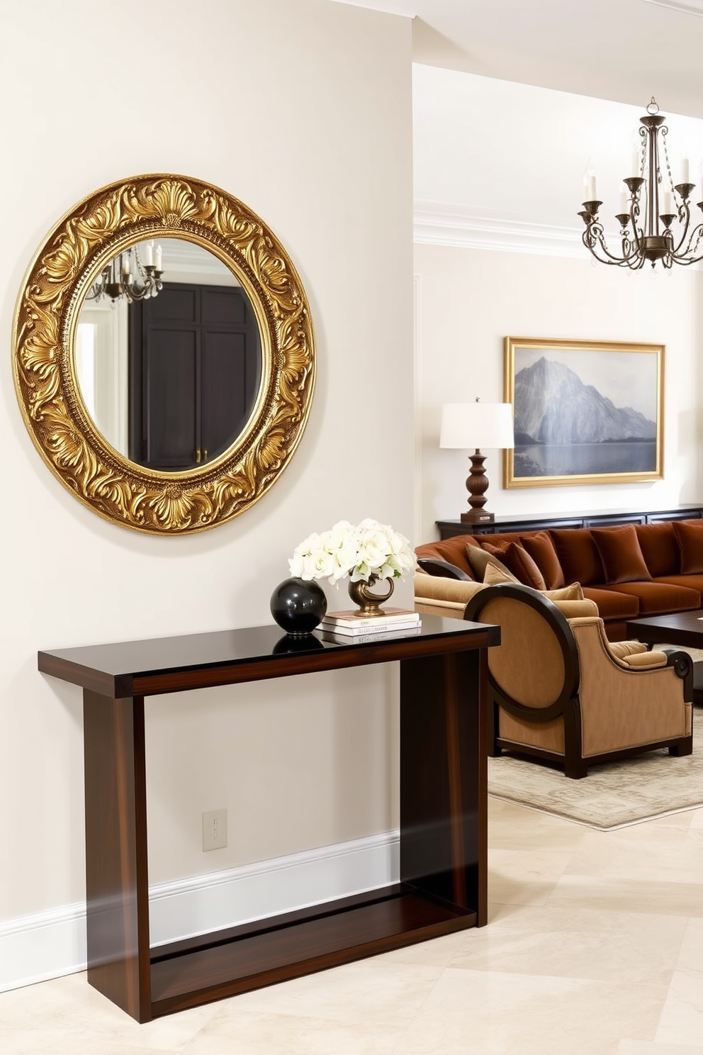 A classic sideboard made of rich mahogany stands against the wall, adorned with decorative vases and framed photographs. The room features a cozy seating area with plush armchairs and a vintage rug that adds warmth to the space. The walls are painted in a soft cream color, enhancing the elegance of the room. Large windows allow natural light to flood in, illuminating the carefully curated decor and creating an inviting atmosphere.