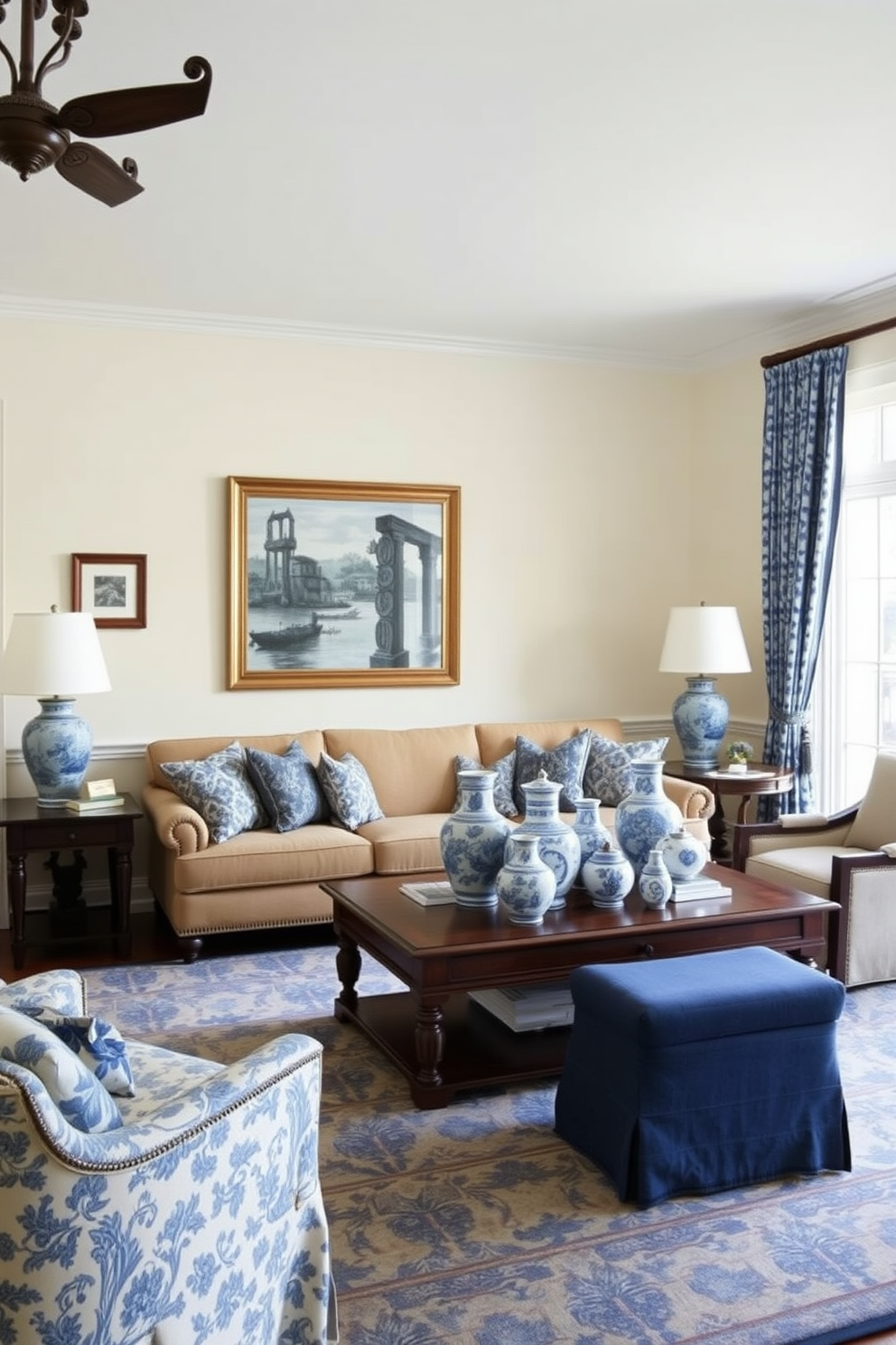 A cozy traditional living room adorned with rich wallpaper featuring intricate floral prints. The space is furnished with a classic wooden coffee table, plush armchairs upholstered in complementary fabrics, and a large area rug that ties the room together. Elegant drapes frame the windows, allowing soft natural light to filter in. A vintage chandelier hangs from the ceiling, casting a warm glow over the inviting atmosphere.