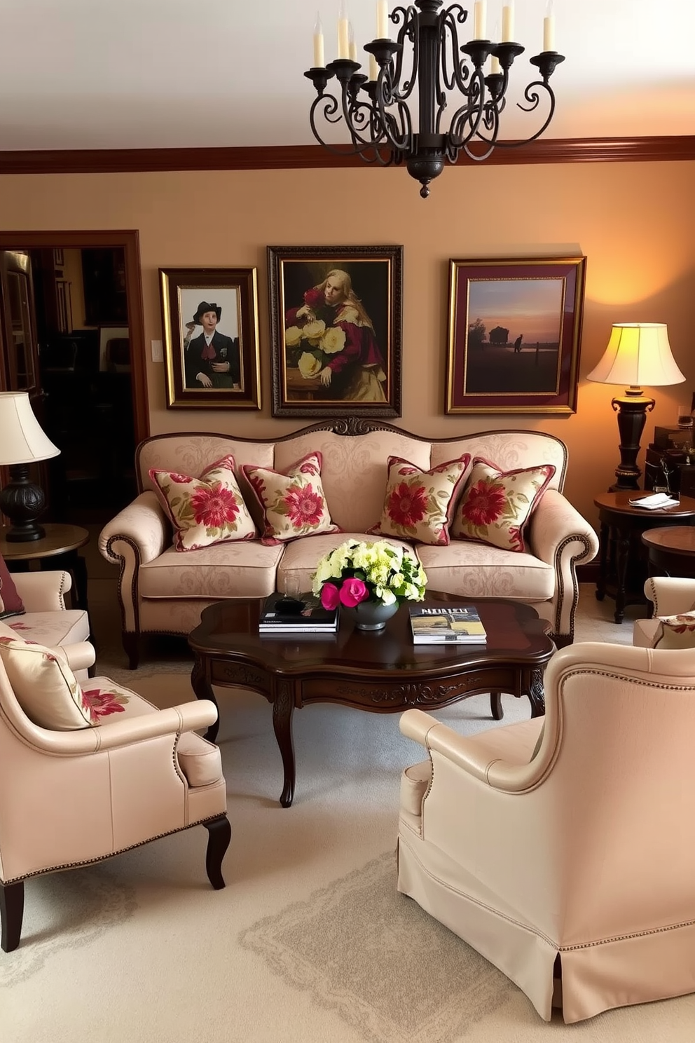 A traditional living room featuring elegant furniture with subtle gold accents. The space includes a plush sofa adorned with decorative pillows and a vintage coffee table with intricate detailing. Richly patterned drapes frame the large windows, allowing natural light to filter in softly. An ornate area rug anchors the seating area, adding warmth and sophistication to the overall design.