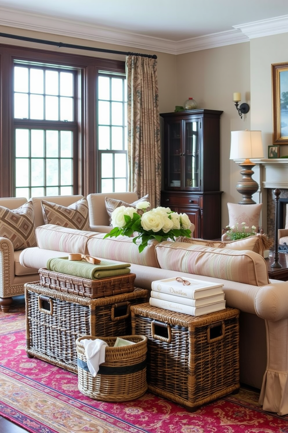 A traditional living room featuring classic wooden beams that add rustic charm to the space. The room is adorned with a large, comfortable sofa upholstered in a warm fabric, complemented by a pair of vintage armchairs on either side.