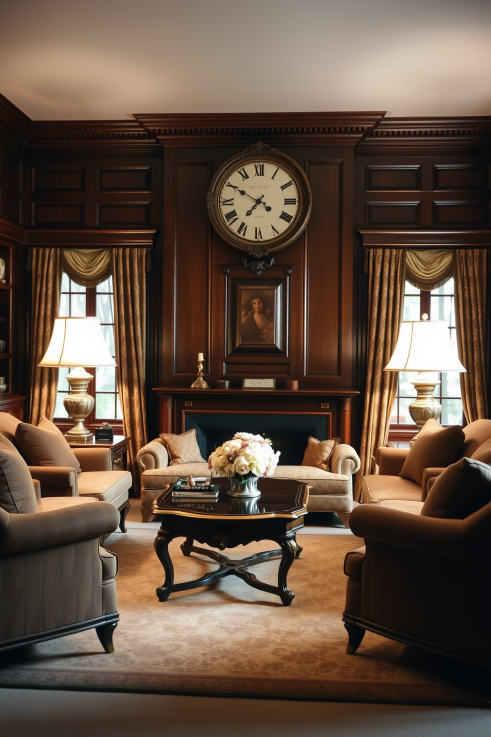 A traditional living room featuring soft pastel hues creates a calming atmosphere. The room is adorned with a plush sofa in light blue, complemented by pastel pink and yellow accent pillows. Rich wooden furniture adds warmth, including a coffee table with intricate carvings and a vintage armchair. Soft, sheer curtains allow natural light to filter in, enhancing the serene vibe of the space.